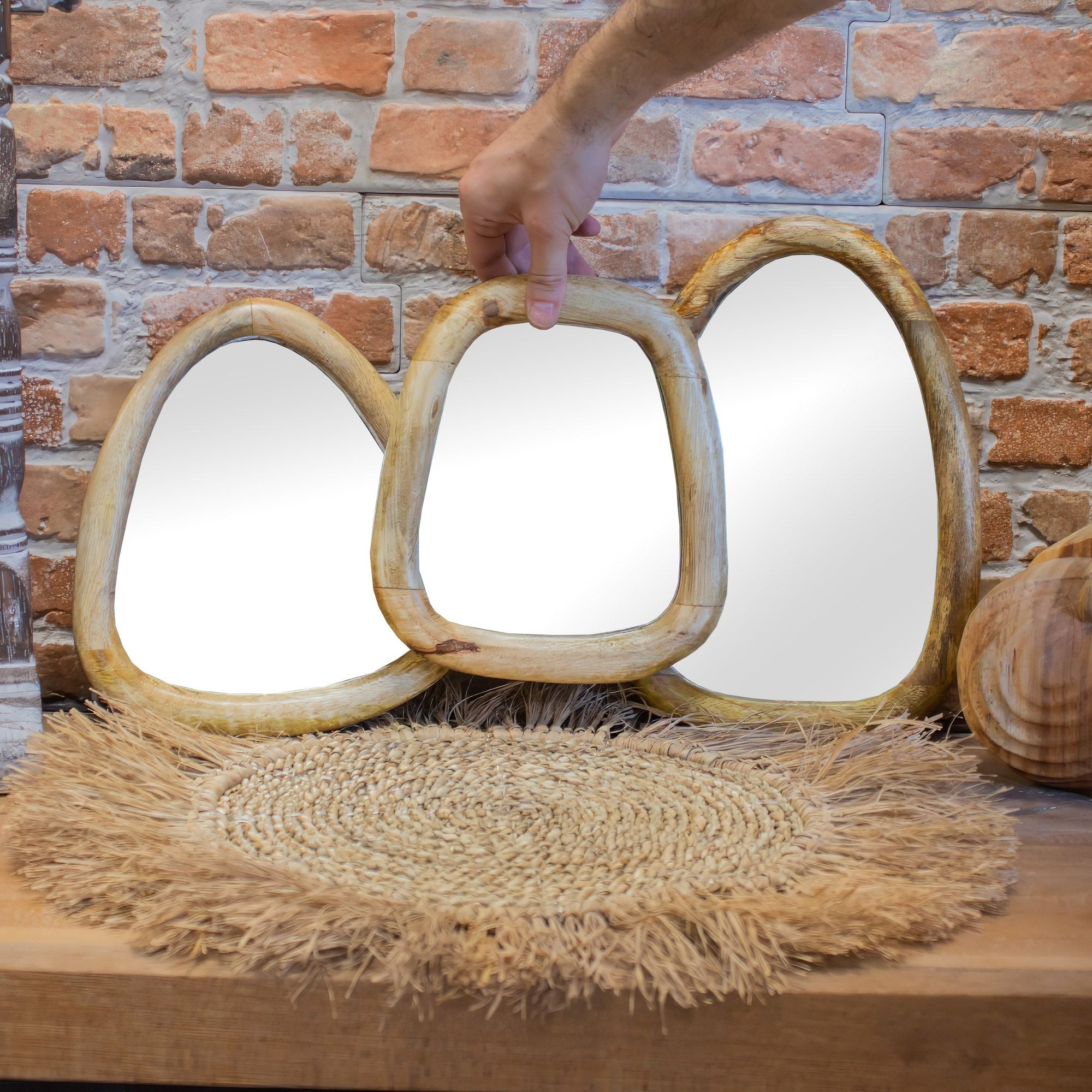 Set of 3 Pebble Shaped Mirrors in Light Wood Finish for Home Decor
