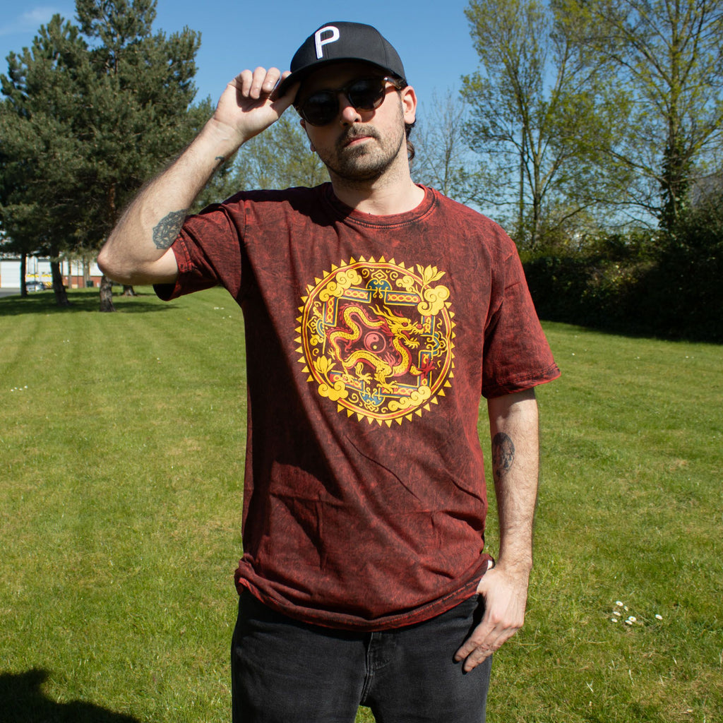 Nomad Sari Stonewashed Cotton T Shirt with Dragon Mandala Design