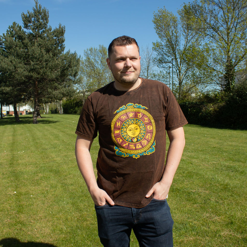Nomad Sari Stonewashed Cotton T Shirt with Sun and Zodiac Design