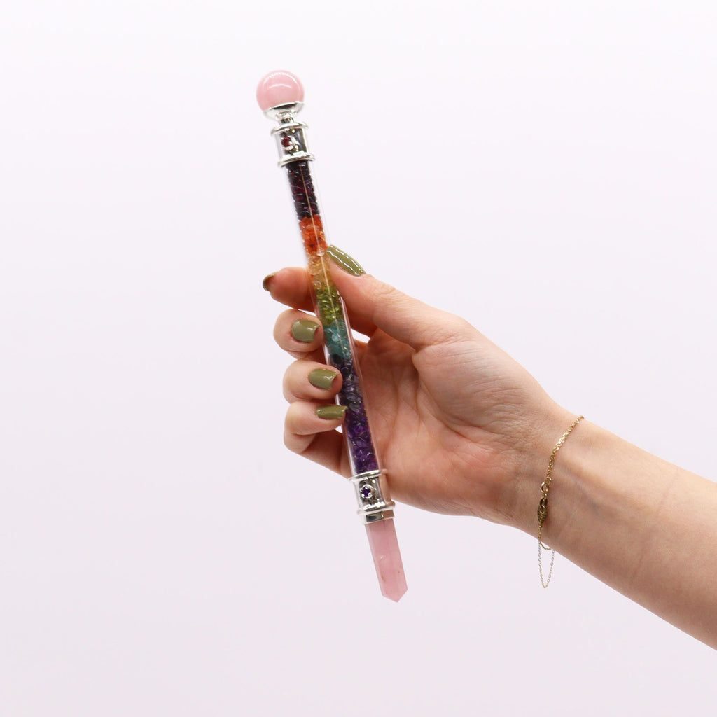 7 Chakra Crystal Healing Wand with Rose Quartz for Balance