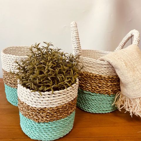 Stylish Seagrass Basket Set in Green Natural and White Design