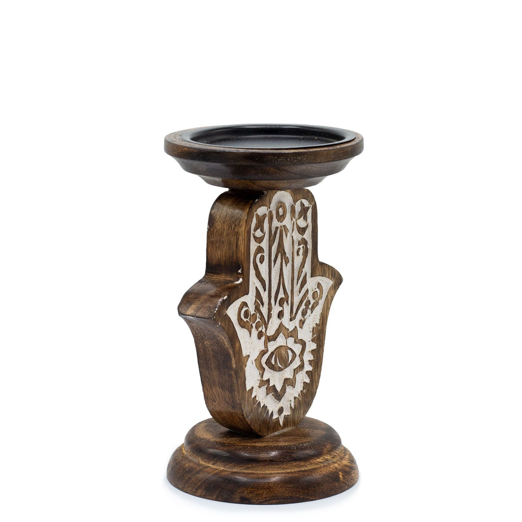 Mango Wood Candle Stand with Hamsa Design for Home Decor