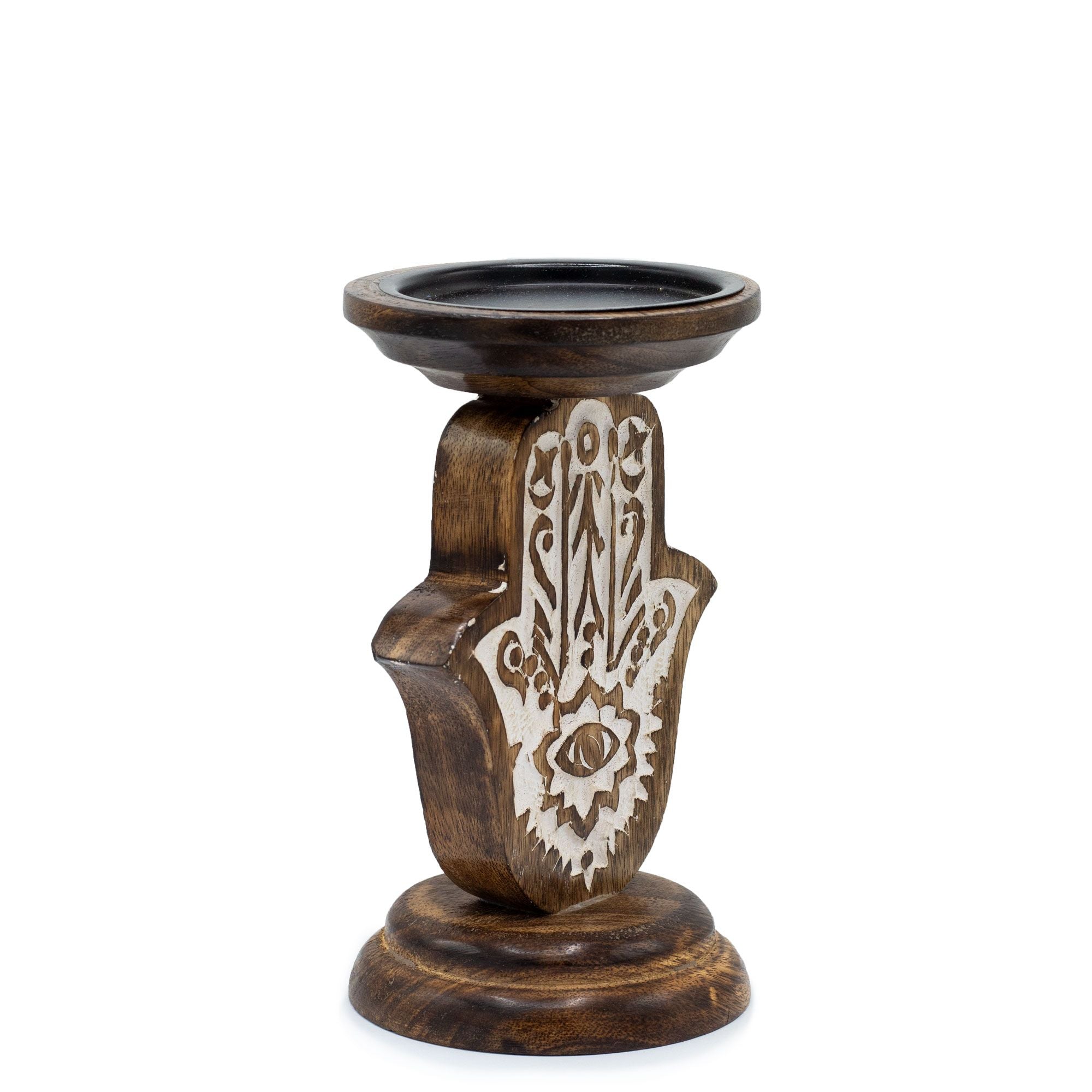 Mango Wood Candle Stand with Hamsa Design for Home Decor
