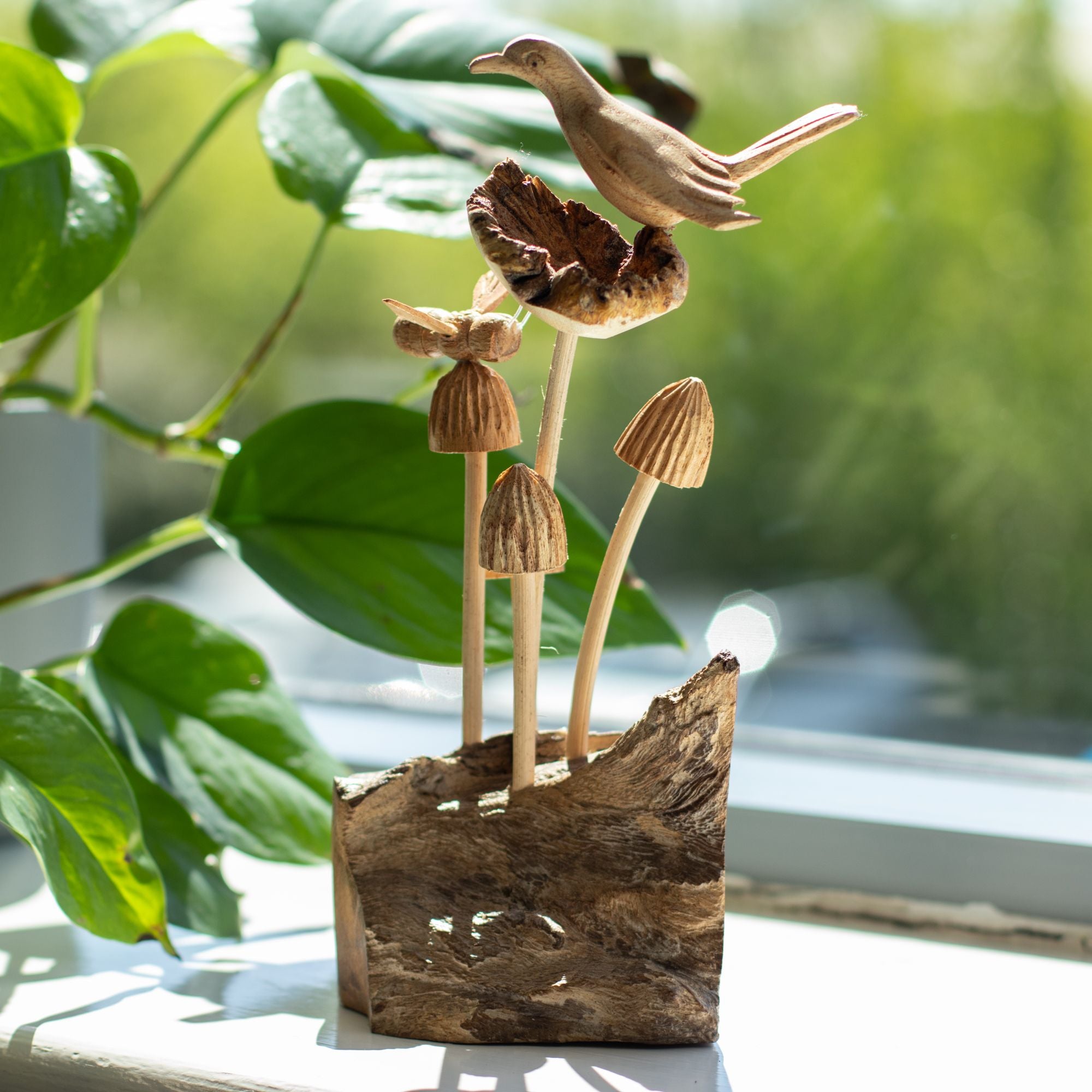 Handmade Parasite Wood Art Carving with Bird and Bee on Mushrooms