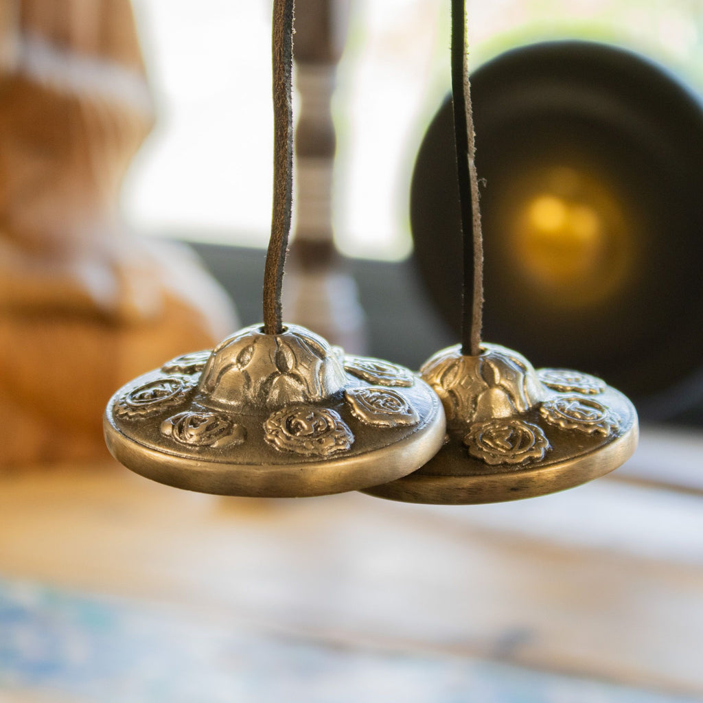 Premium Brass Tibetan Tingsha Bells with Seven Chakra Symbols