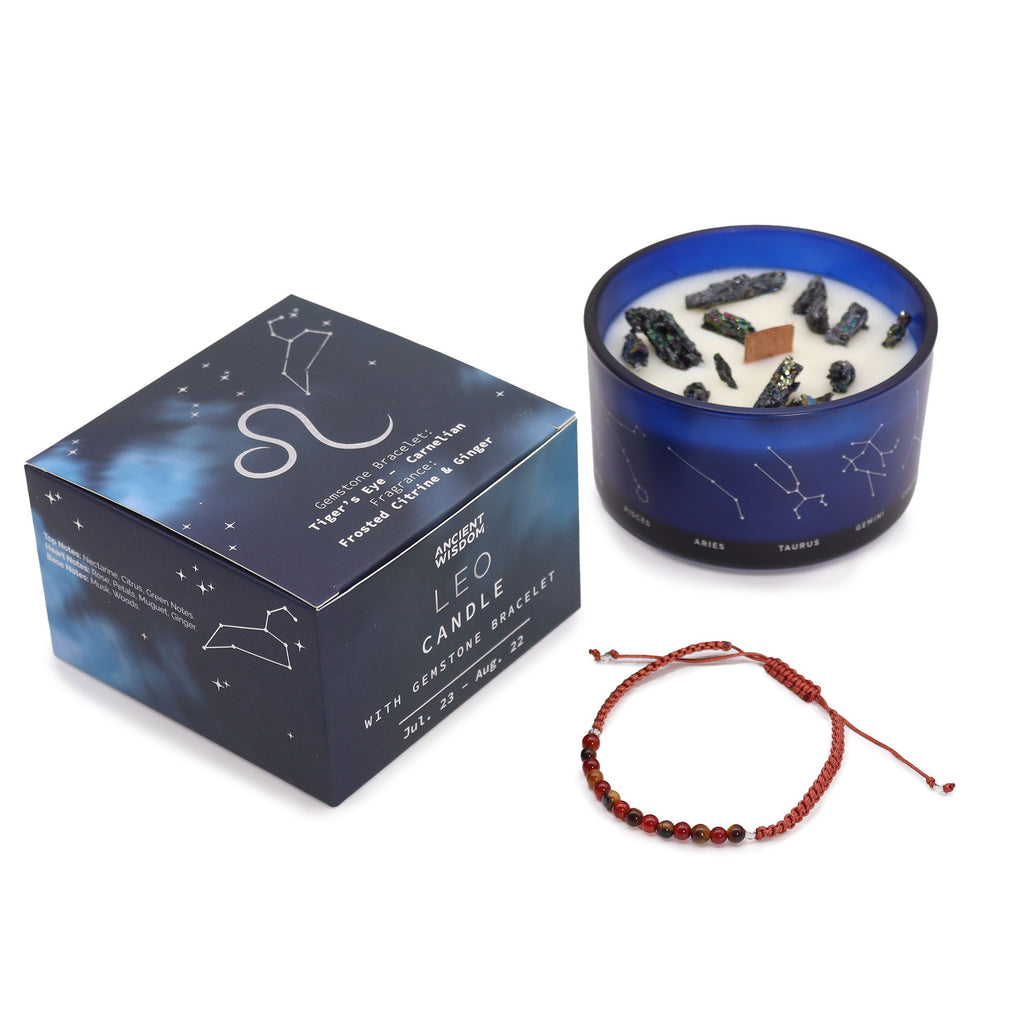 Zodiac Crystal Candle with Gemstone Bracelet for Leo Enthusiasts