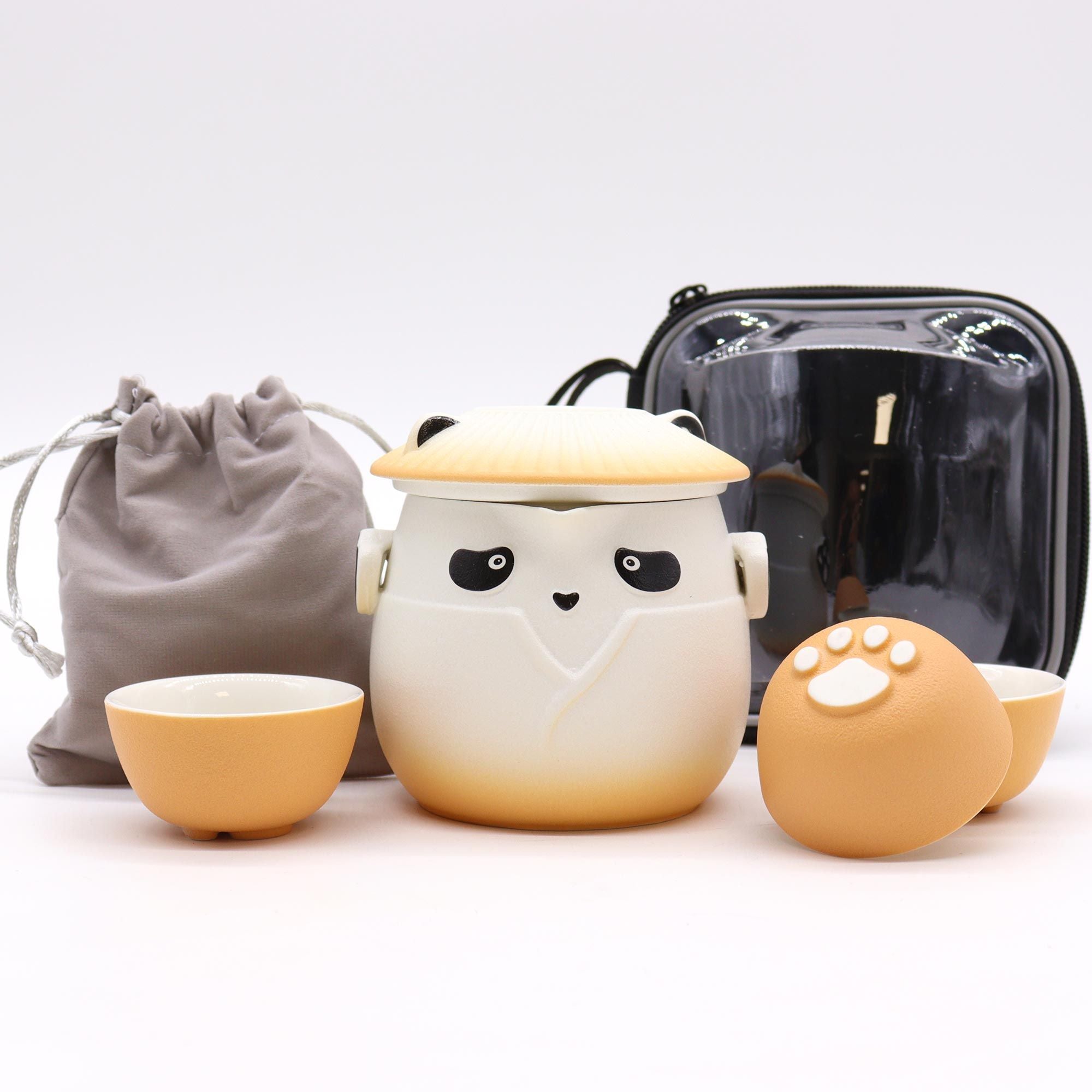 Panda Teapot Set with Three Cups in Vibrant Orange Design