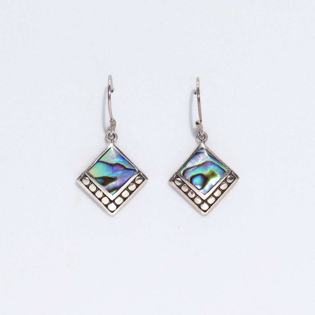 Shell and Silver Earrings with Square Dots and Abalone Design
