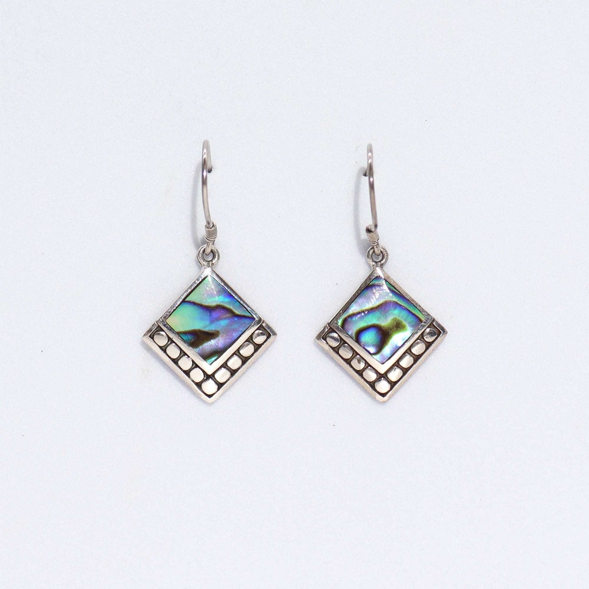 Shell and Silver Earrings with Square Dots and Abalone Design