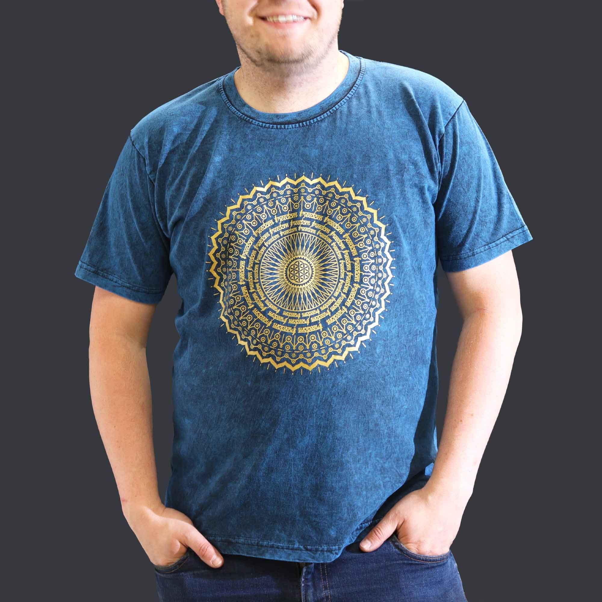 Nomad Sari Stonewashed Cotton T Shirt with Mandala Blue Design