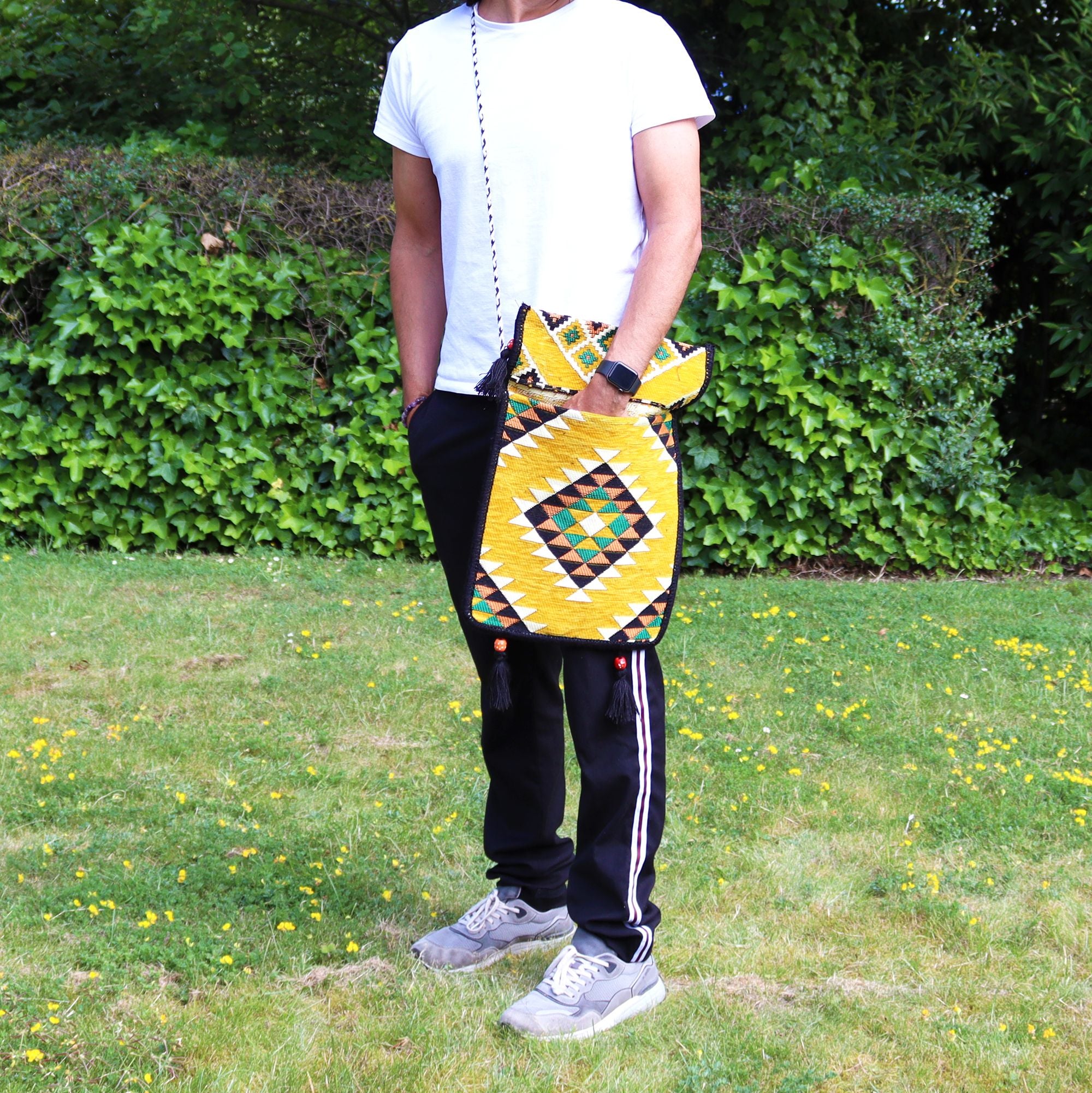 Yellow Kilim Messenger Festival Bag with Vibrant Patterns