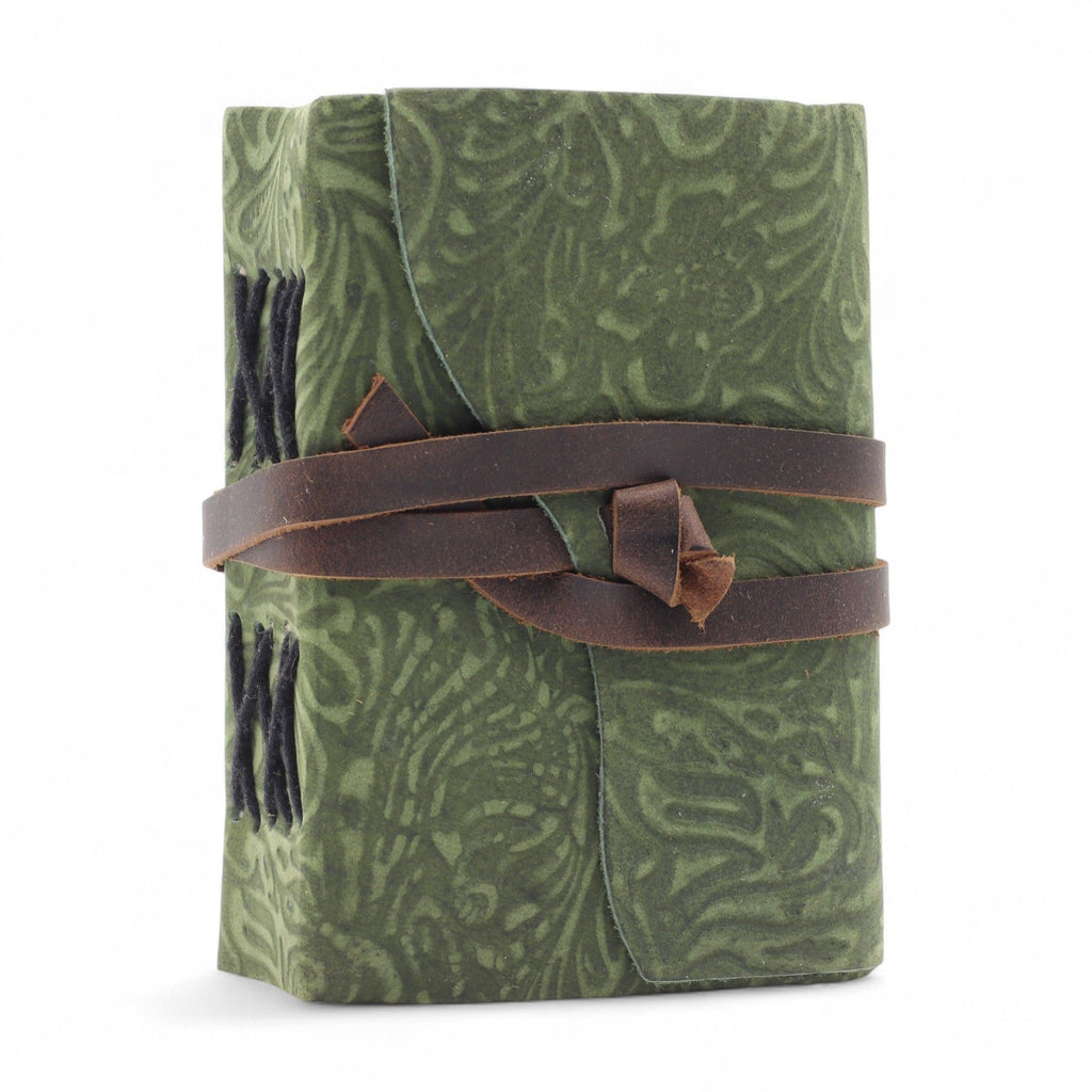 Fat Deckled Leather Notebook with Green Maze Pattern for Writing