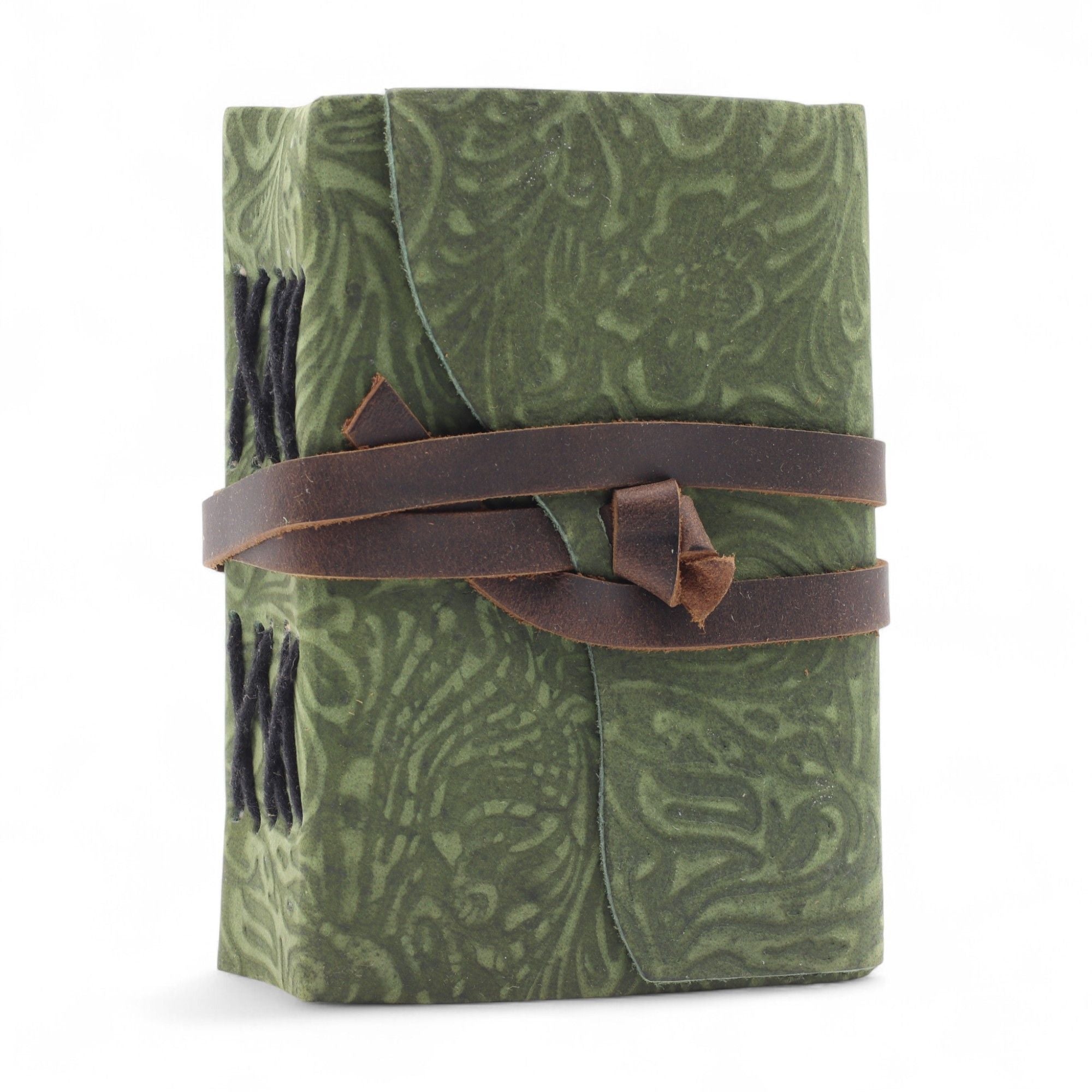 Fat Deckled Leather Notebook with Green Maze Pattern for Writing
