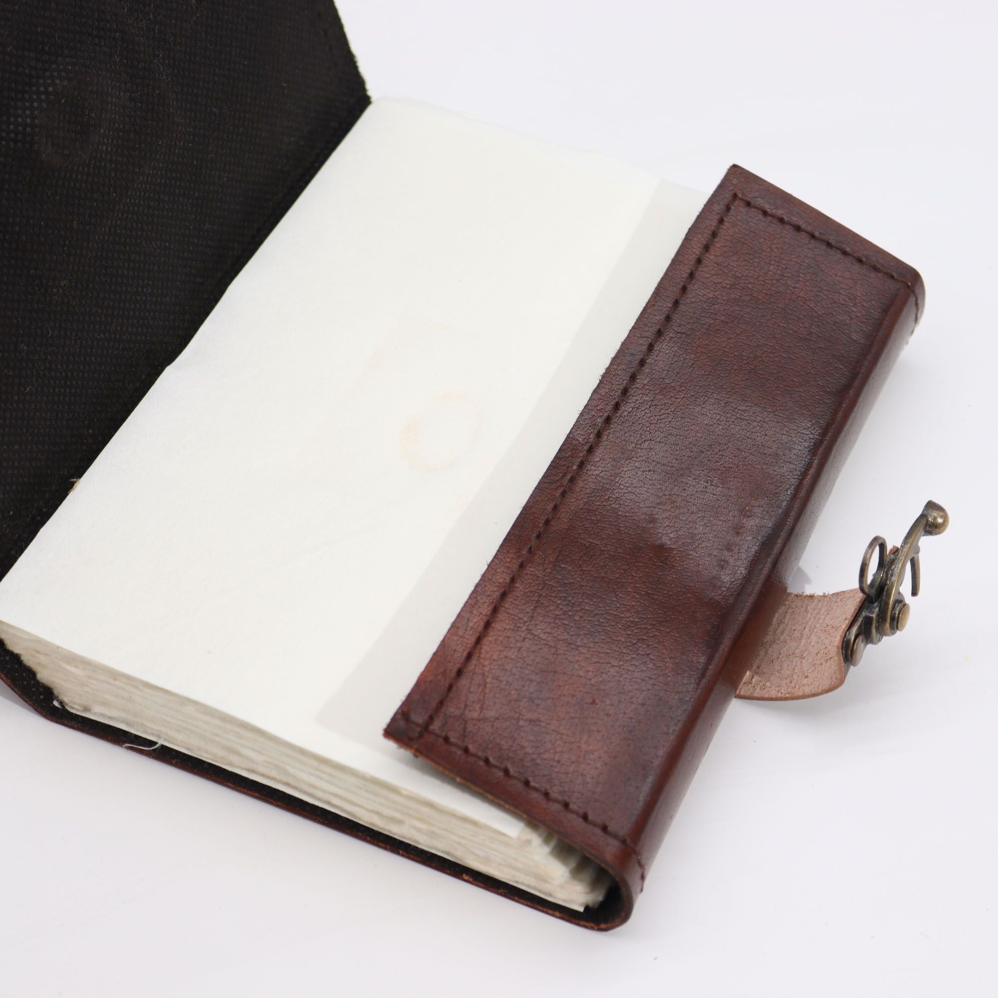 Black Tan Leather Notebook with Evil Eye Decor and Deckle Edges