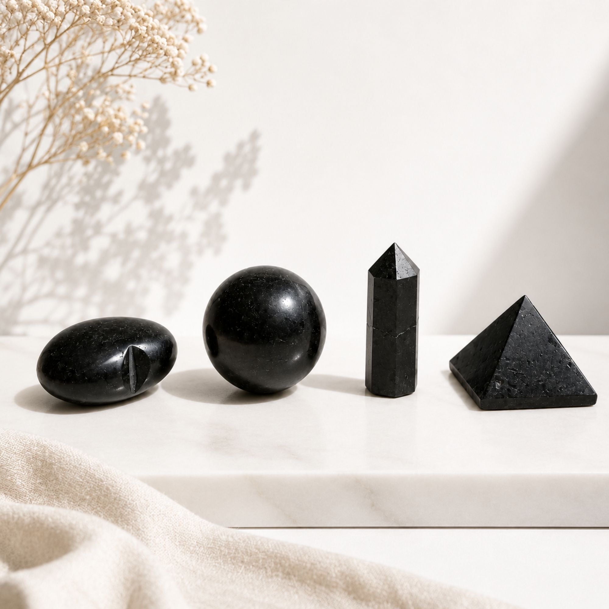 Four Gemstone Shapes Set Featuring Black Tourmaline for Décor