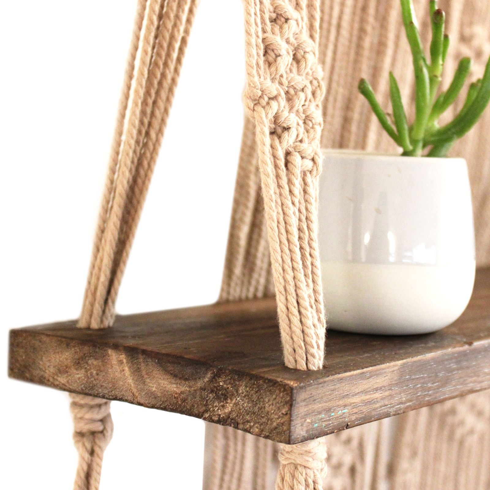 Brown Macrame Hanging Shelves for Boho Home Decor Display