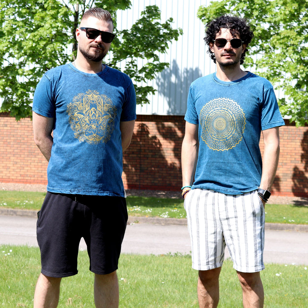 Nomad Sari Stonewashed Cotton T Shirt with Mandala Design in Blue