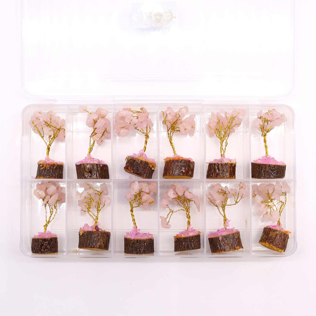 Mini Rose Quartz Gemstone Tree on Wooden Base with 15 Stones