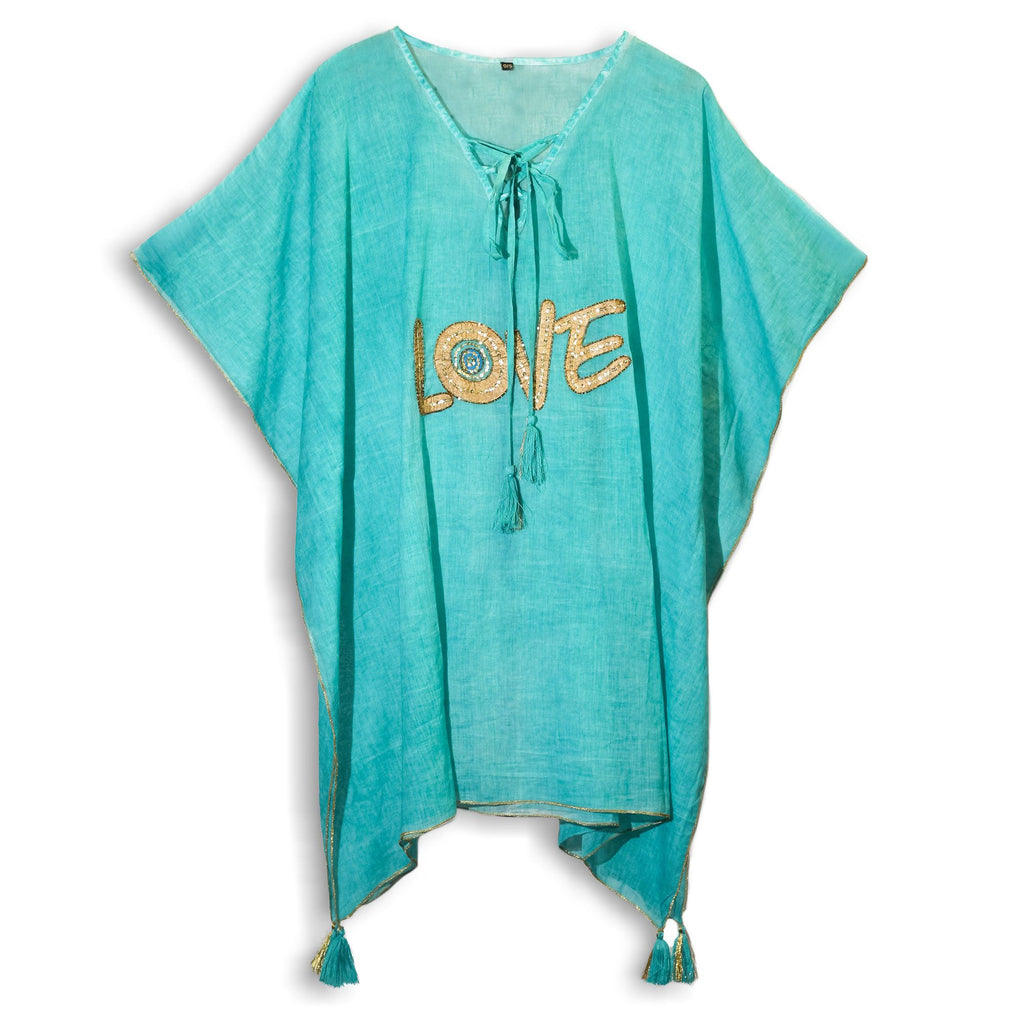 Nomad Sari Kaftan in Turquoise and Gold with LOVE Motif Design