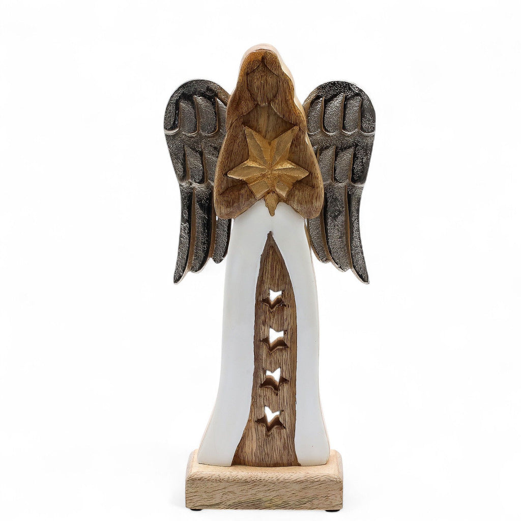 Large Mango Wood Star Angel with Metal Wings and Enamel Detail