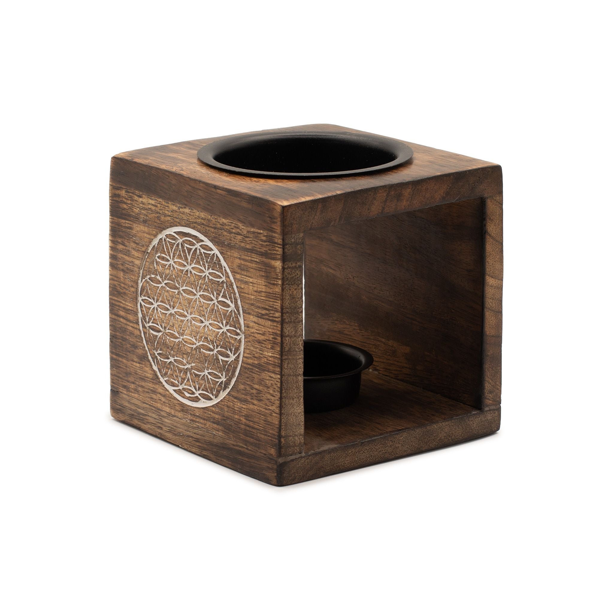 Square Mango Wood Oil Burner with Flower of Life Design