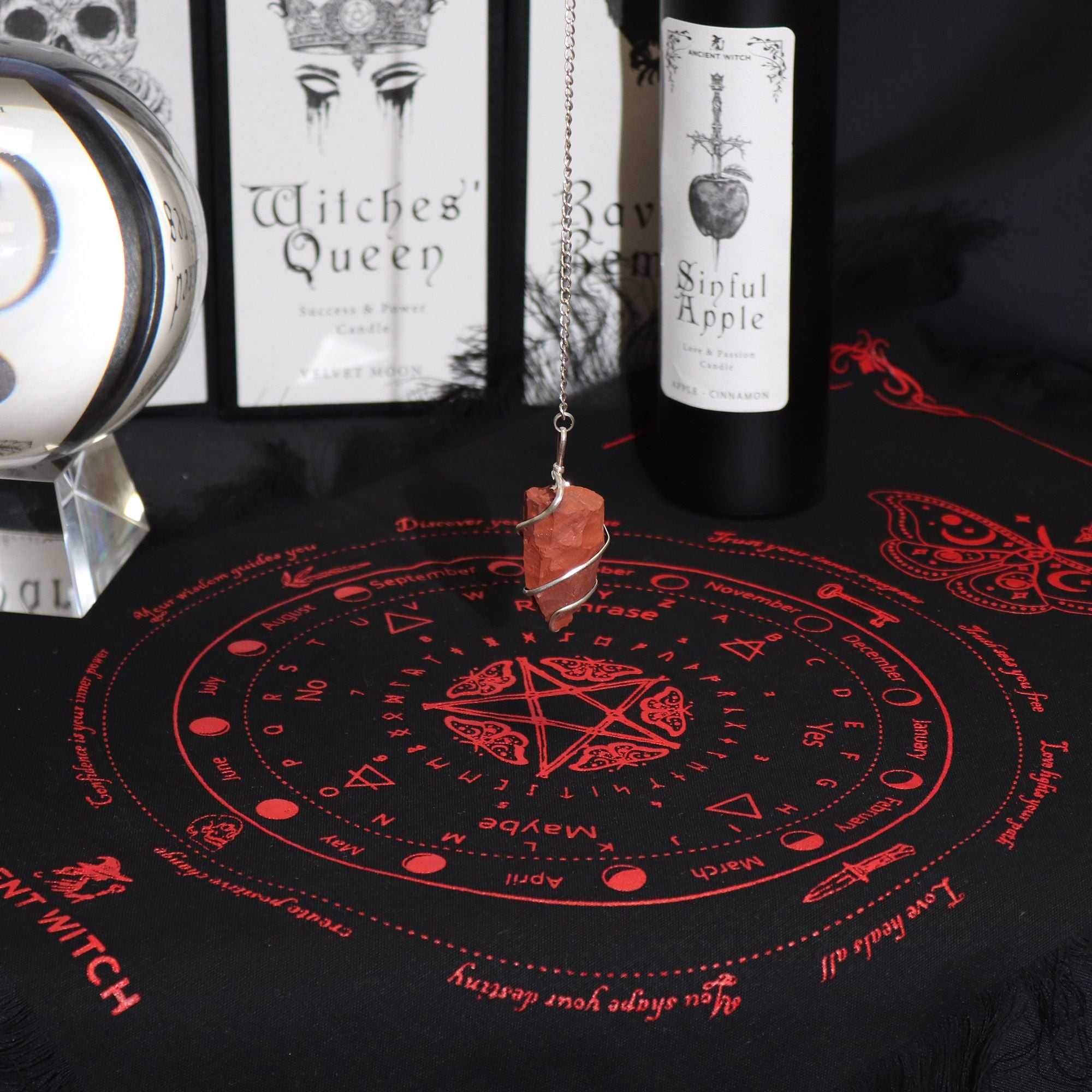 Ancient Witch Mystic Moth Pendulum Divination Cloth in Black and Red