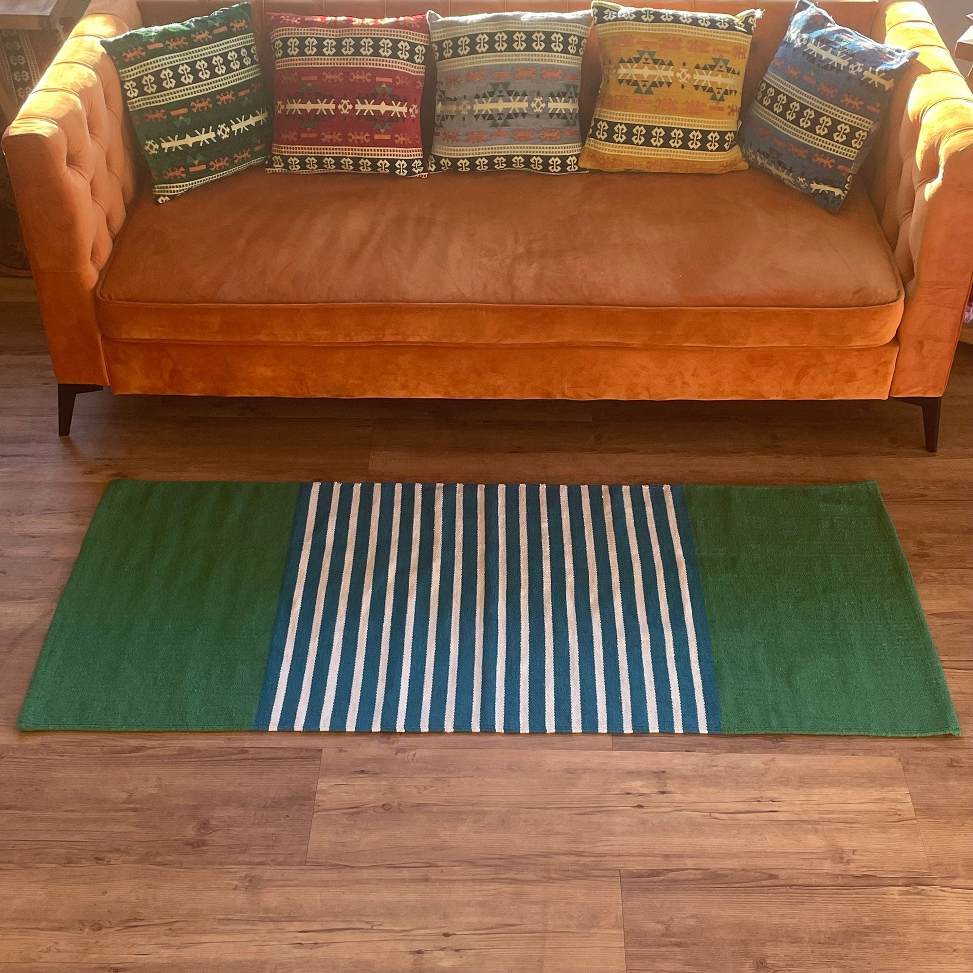 Indian Cotton Rug 70x170cm in Blue and Green for Home Decor