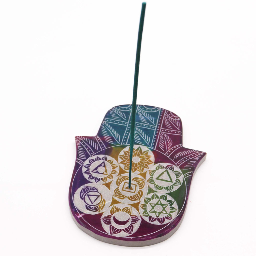 Soapstone Large Hamsa Incense Holder with 7 Chakra Design