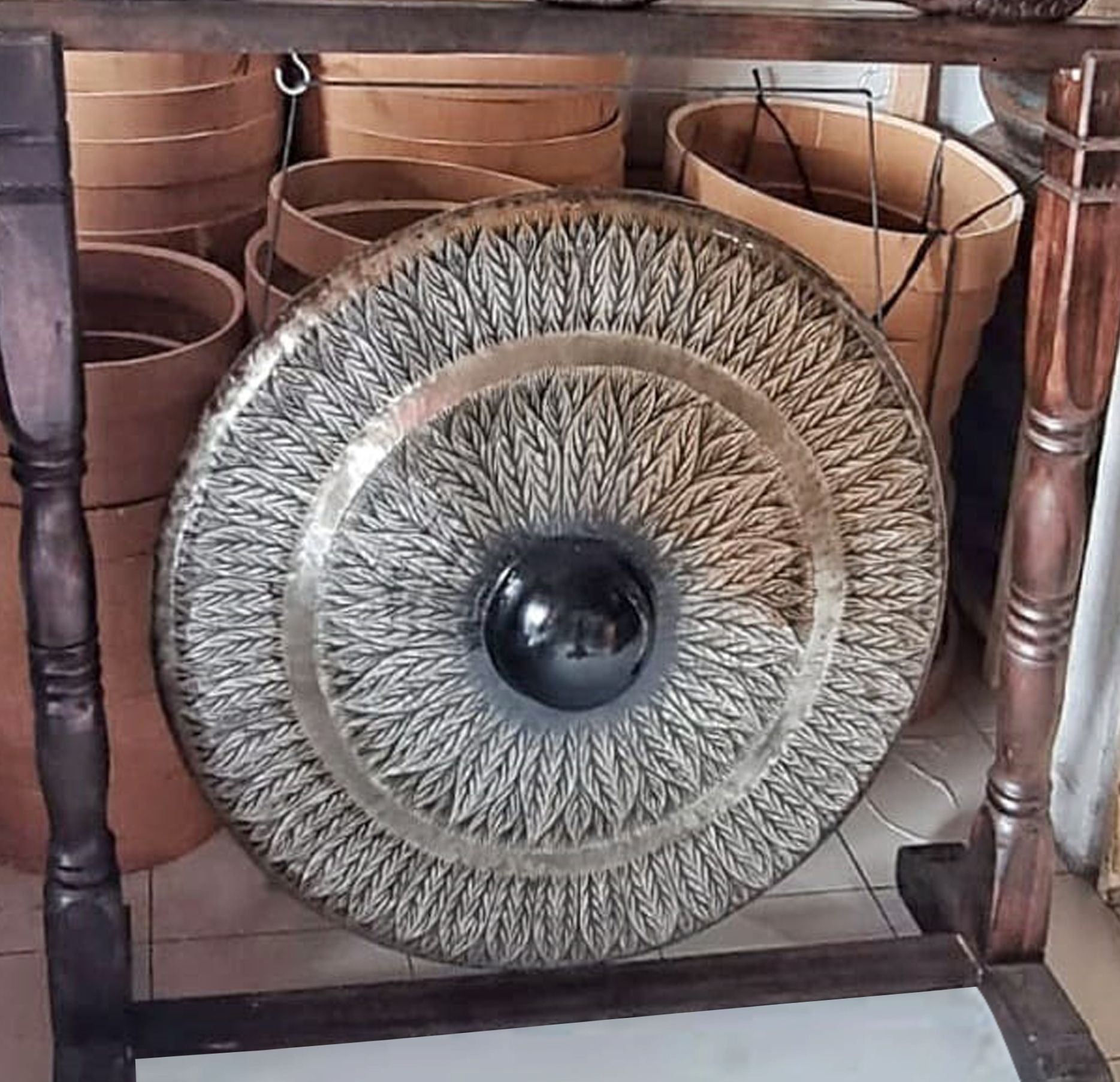 Large Gong in Brown Antique Stand 80cm with Black Pattern Design