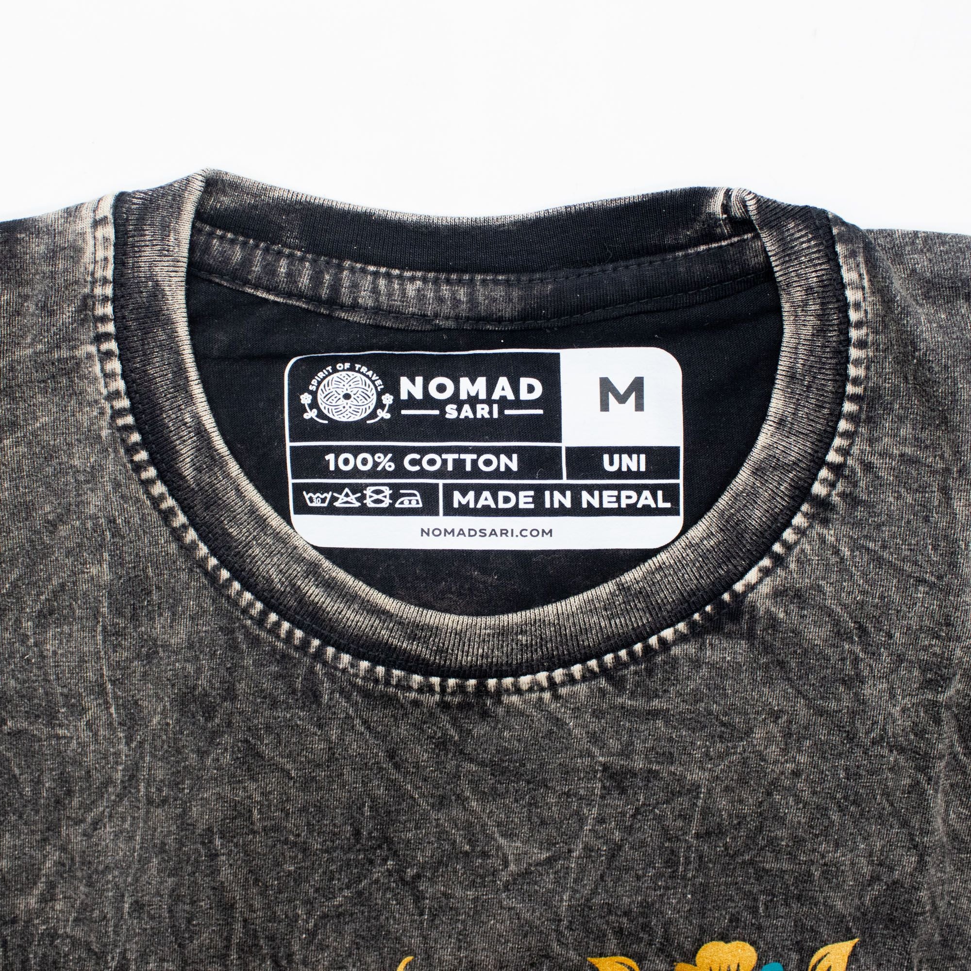 Nomad Sari Stonewashed Cotton T Shirt with Compass Design Charcoal