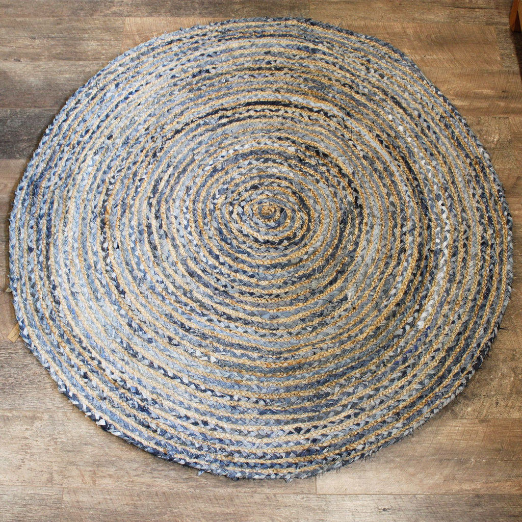 Round Jute and Recycled Denim Rug Stylish 150 cm Home Accent