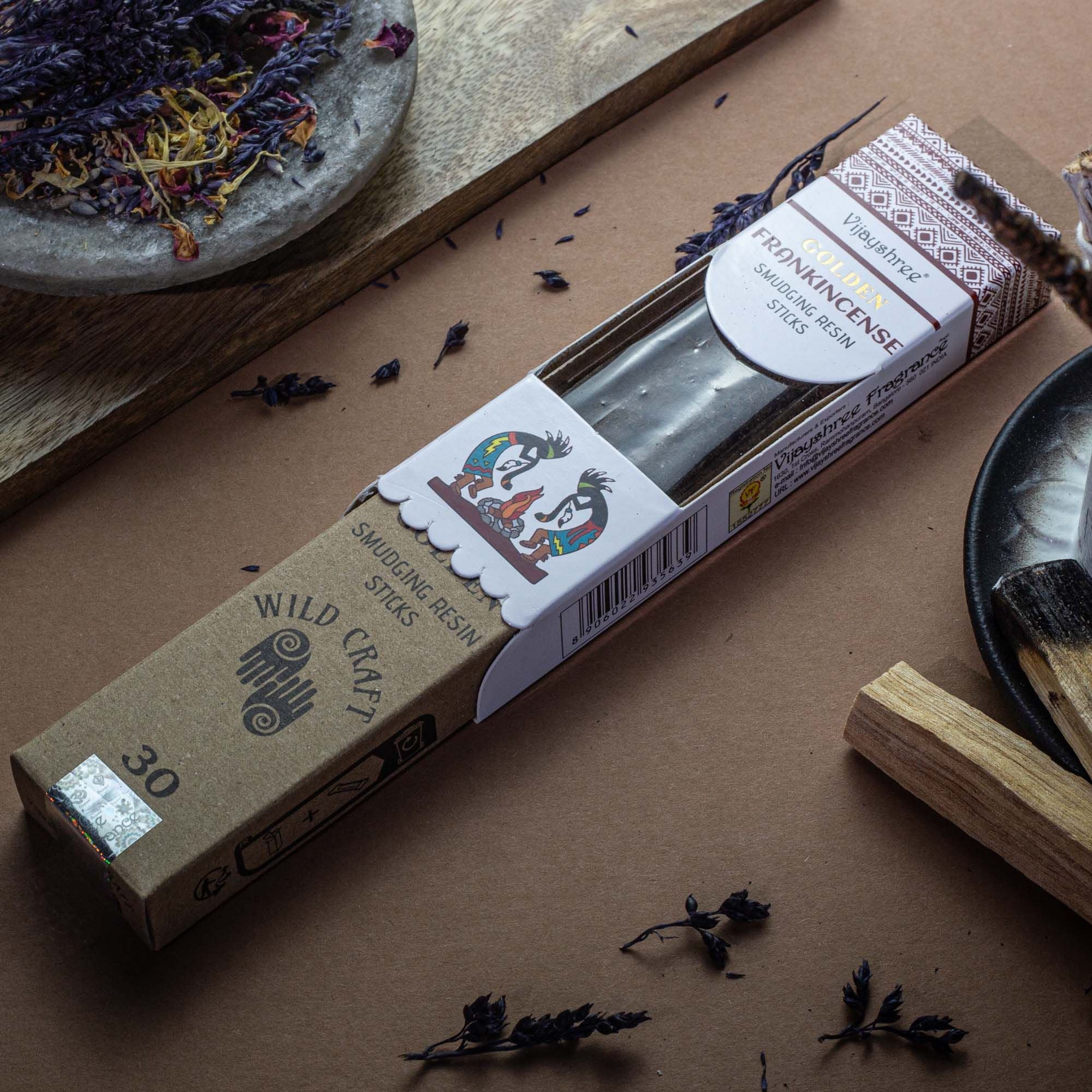 Golden Frankincense Smudging Resin Sticks in Illustrated Box