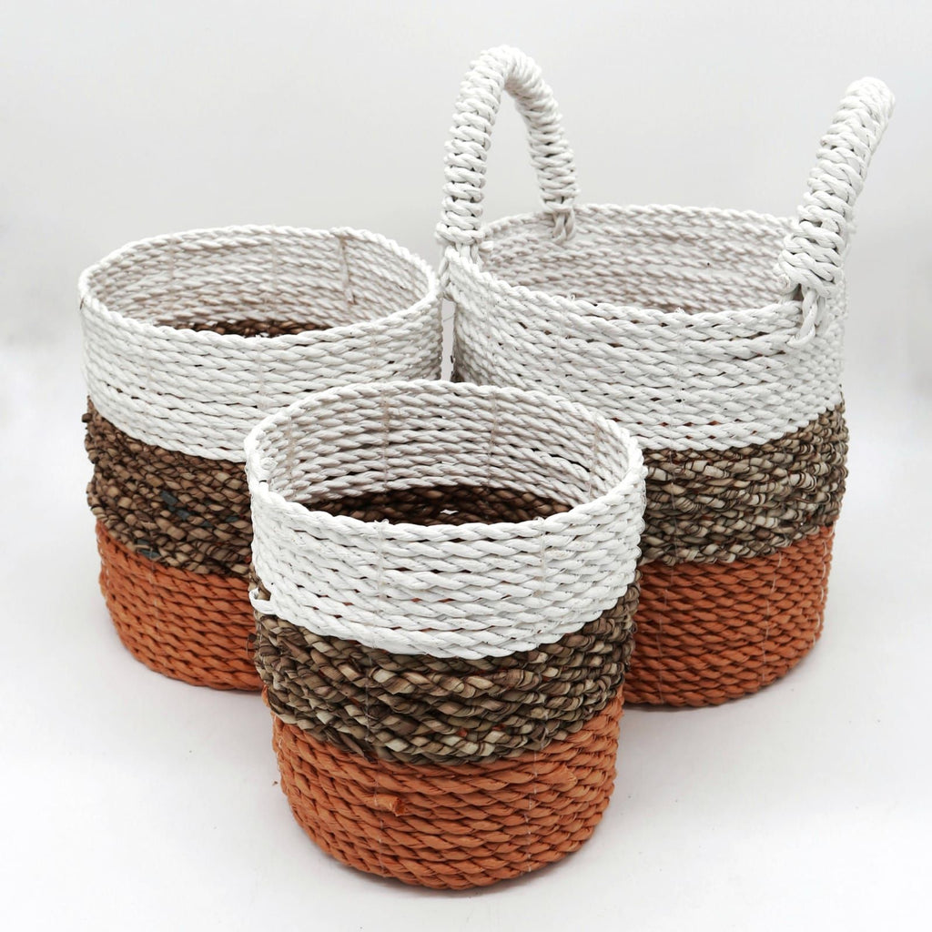 Seagrass Basket Set in Orange Natural and White for Storage