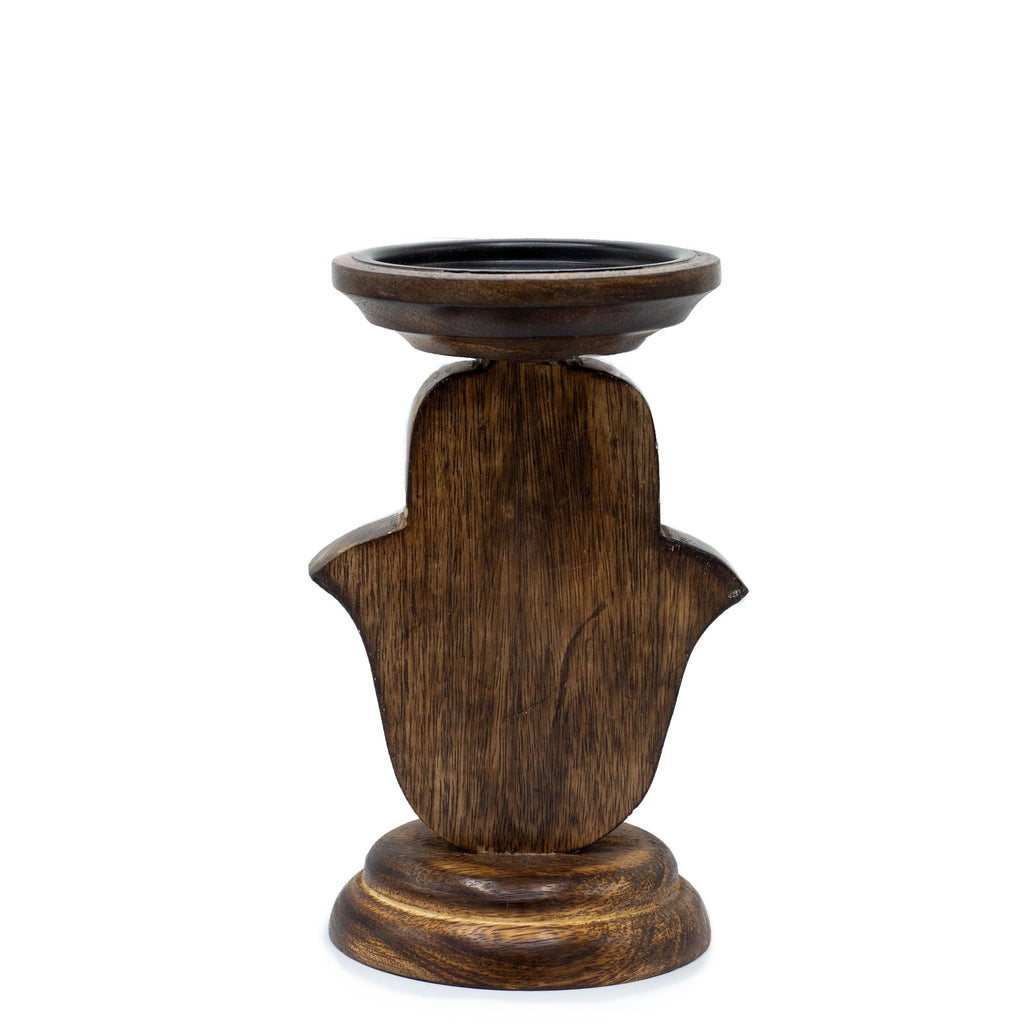 Mango Wood Candle Stand with Hamsa Design for Home Decor