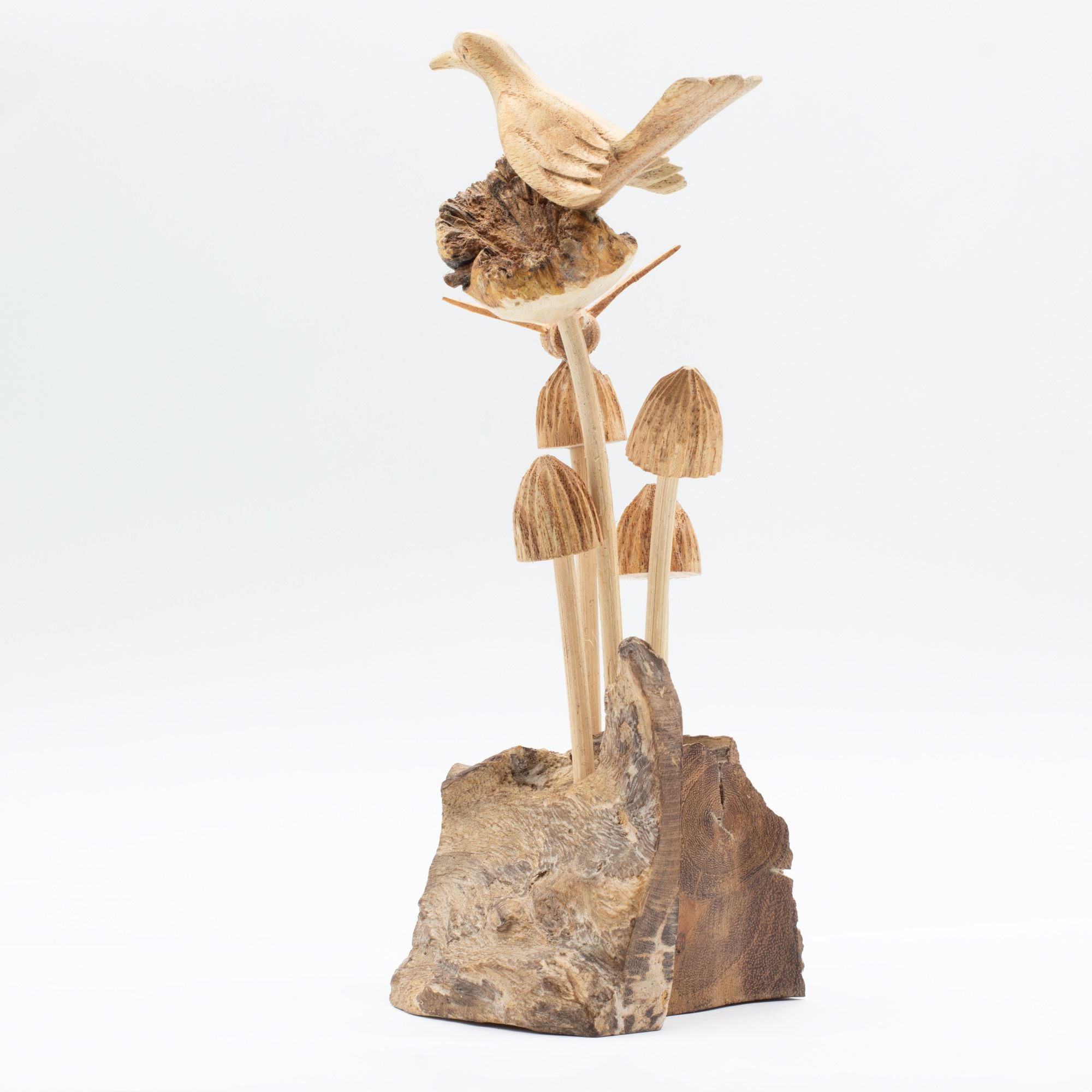 Handmade Parasite Wood Art Carving with Bird and Bee on Mushrooms