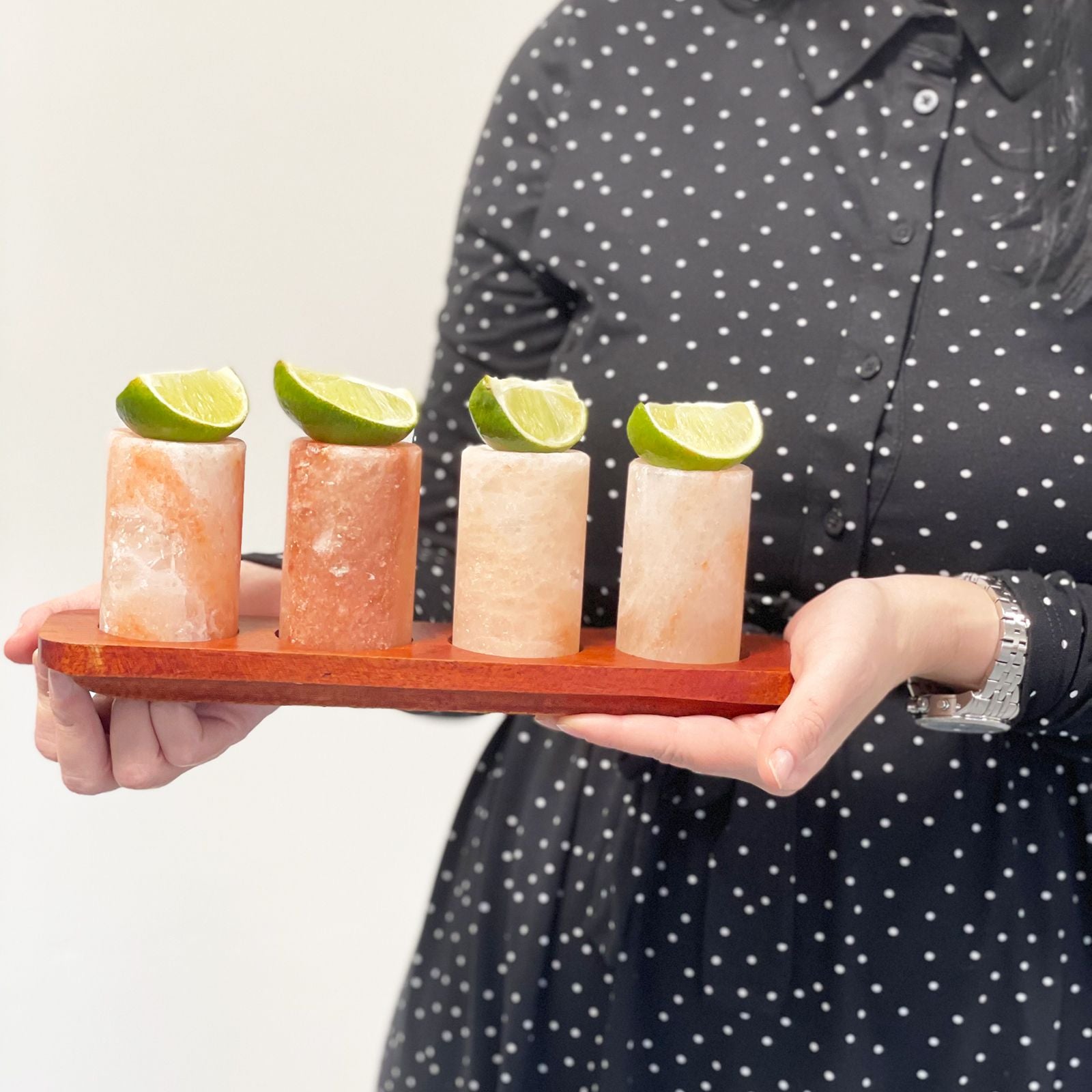 Set of 2 Himalayan Salt Shot Glasses with Wood Serving Stand