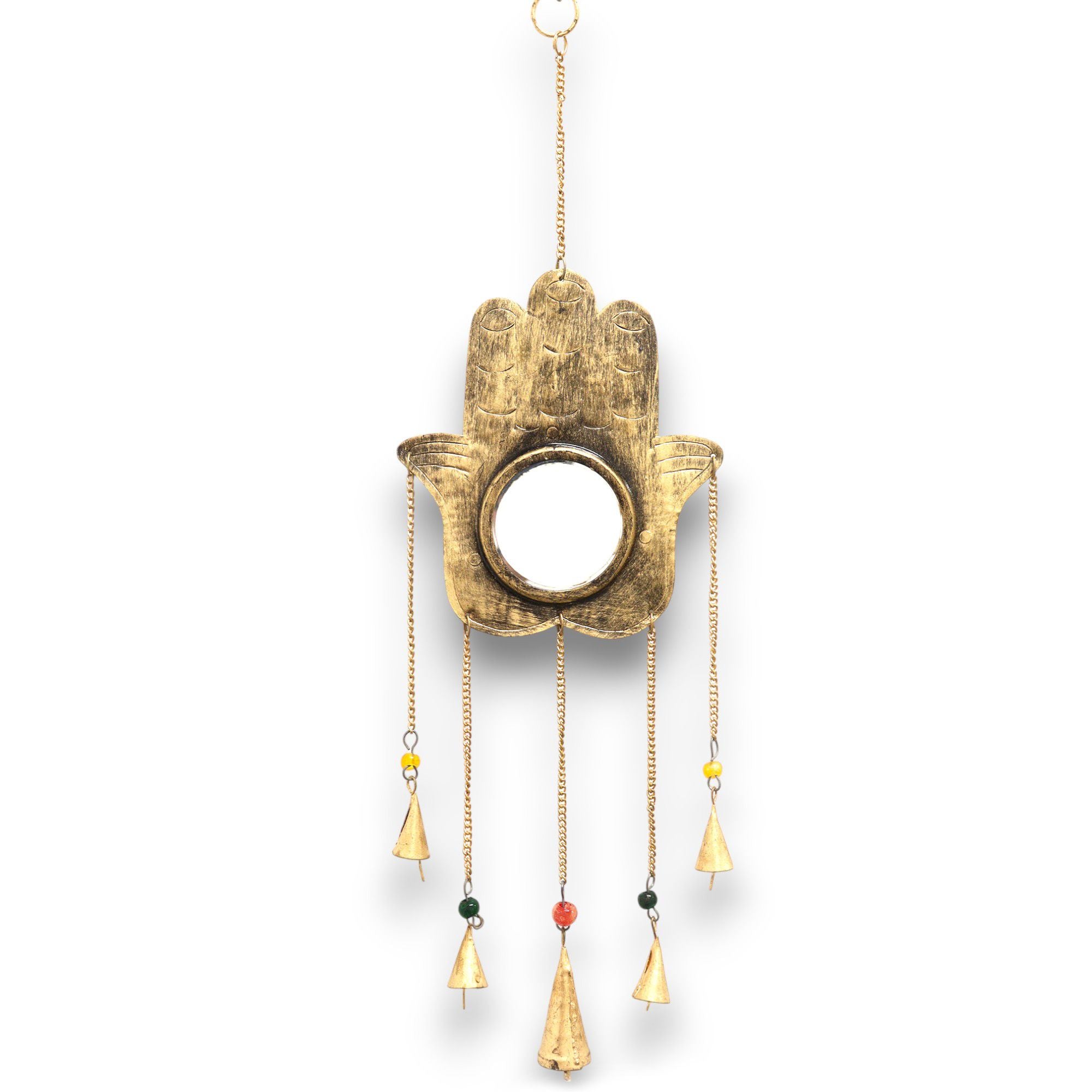 Indian Chimes Hamsa Large Mirror with 5 Bells and Beads