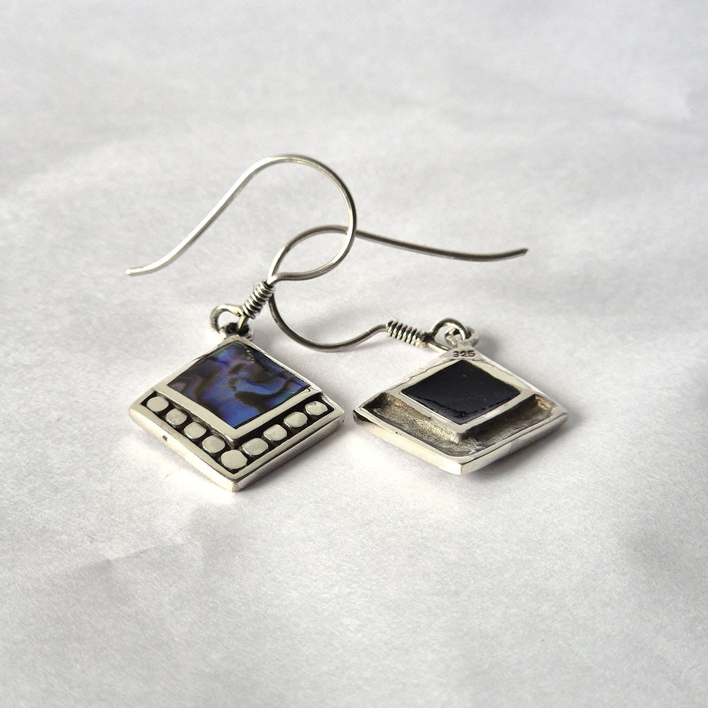 Shell and Silver Earrings with Square Dots and Abalone Design