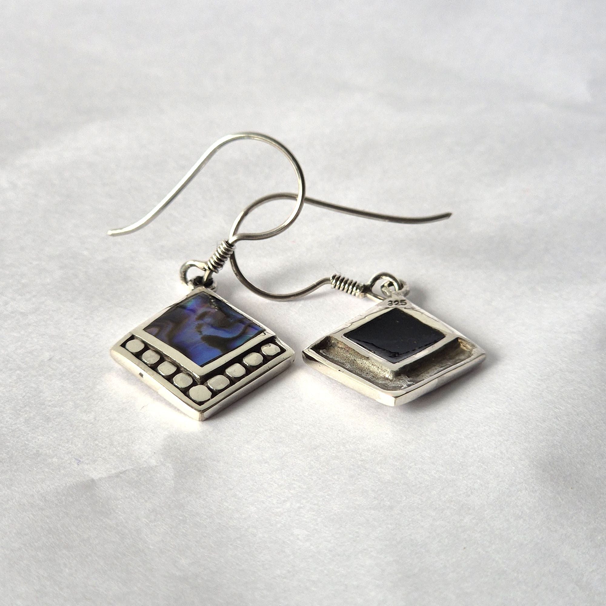 Shell and Silver Earrings with Square Dots and Abalone Design