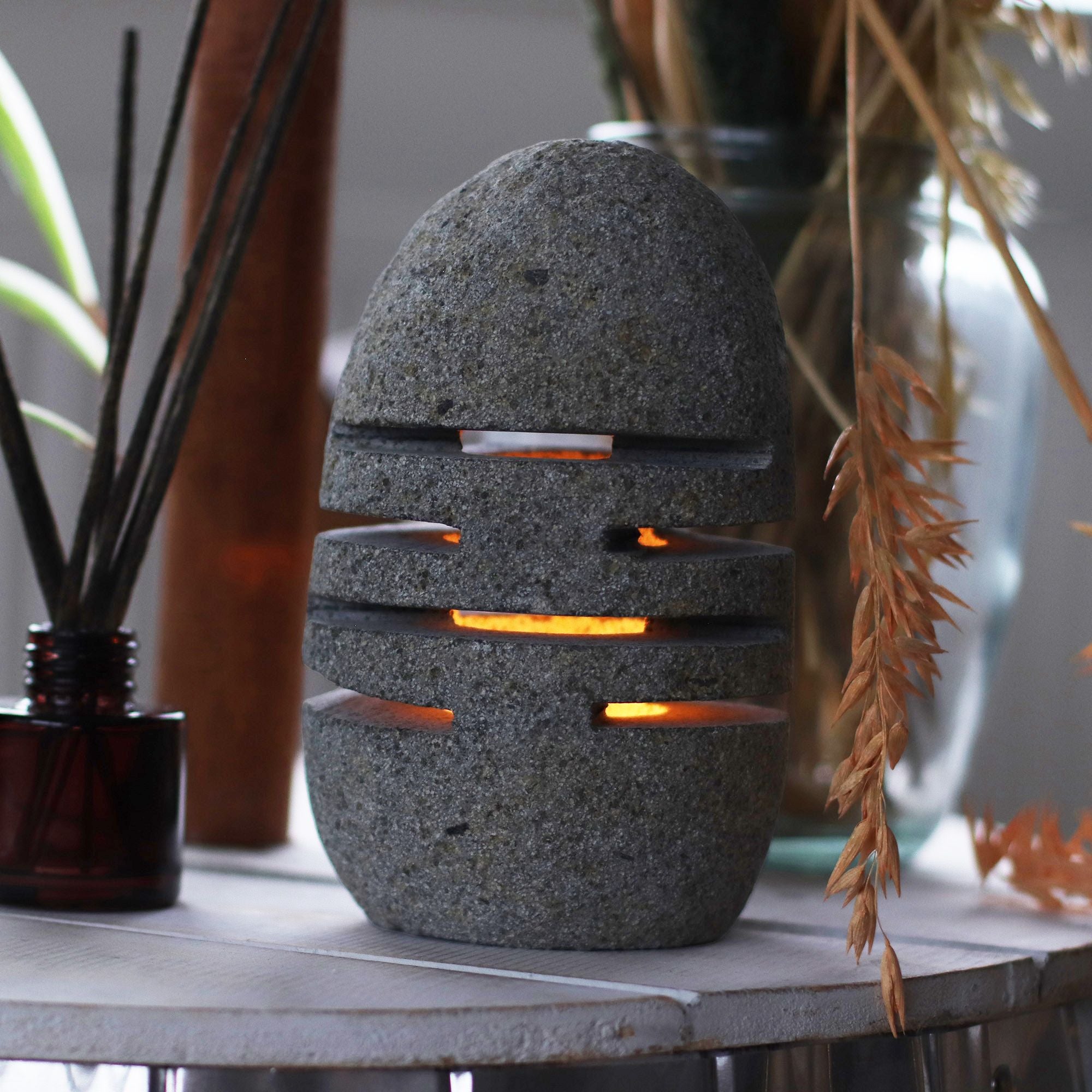 Natural Riverstone Candle Holder with Unique Standing Stone Design