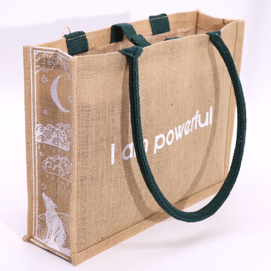 Hop Hare Jute Big Bag with Moon and Wolf Design I am Powerful