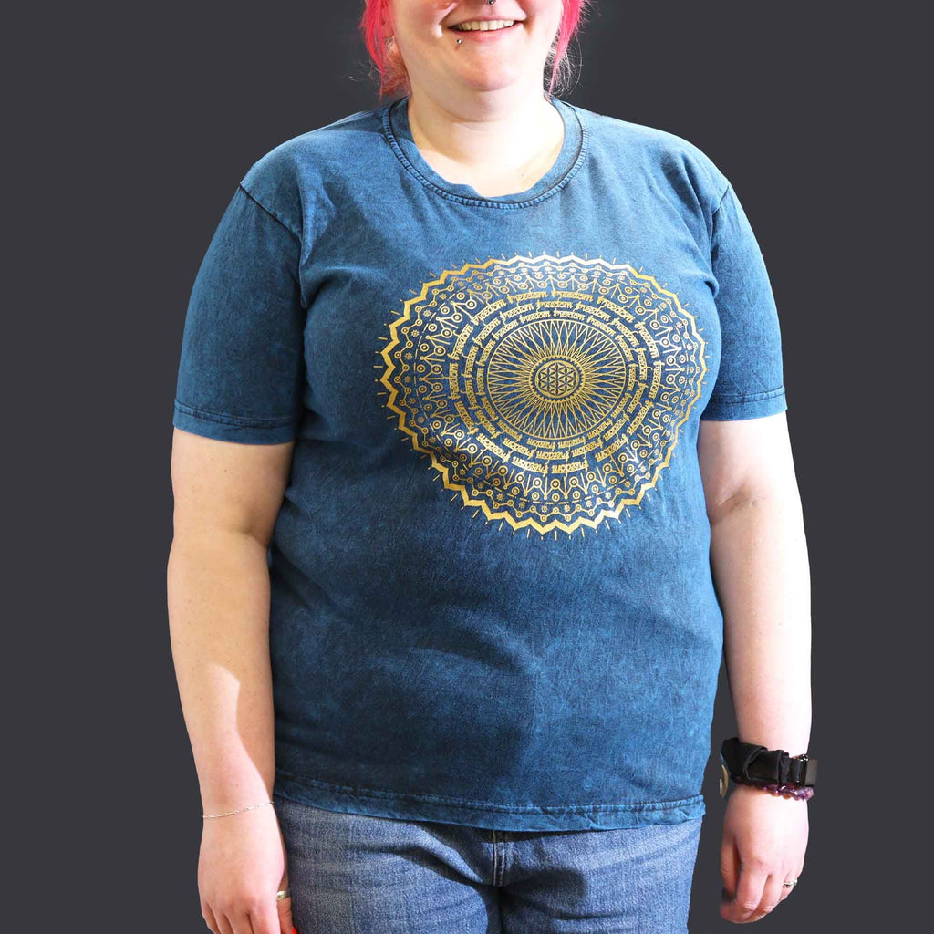 Nomad Sari Stonewashed Cotton T Shirt with Mandala Blue Design