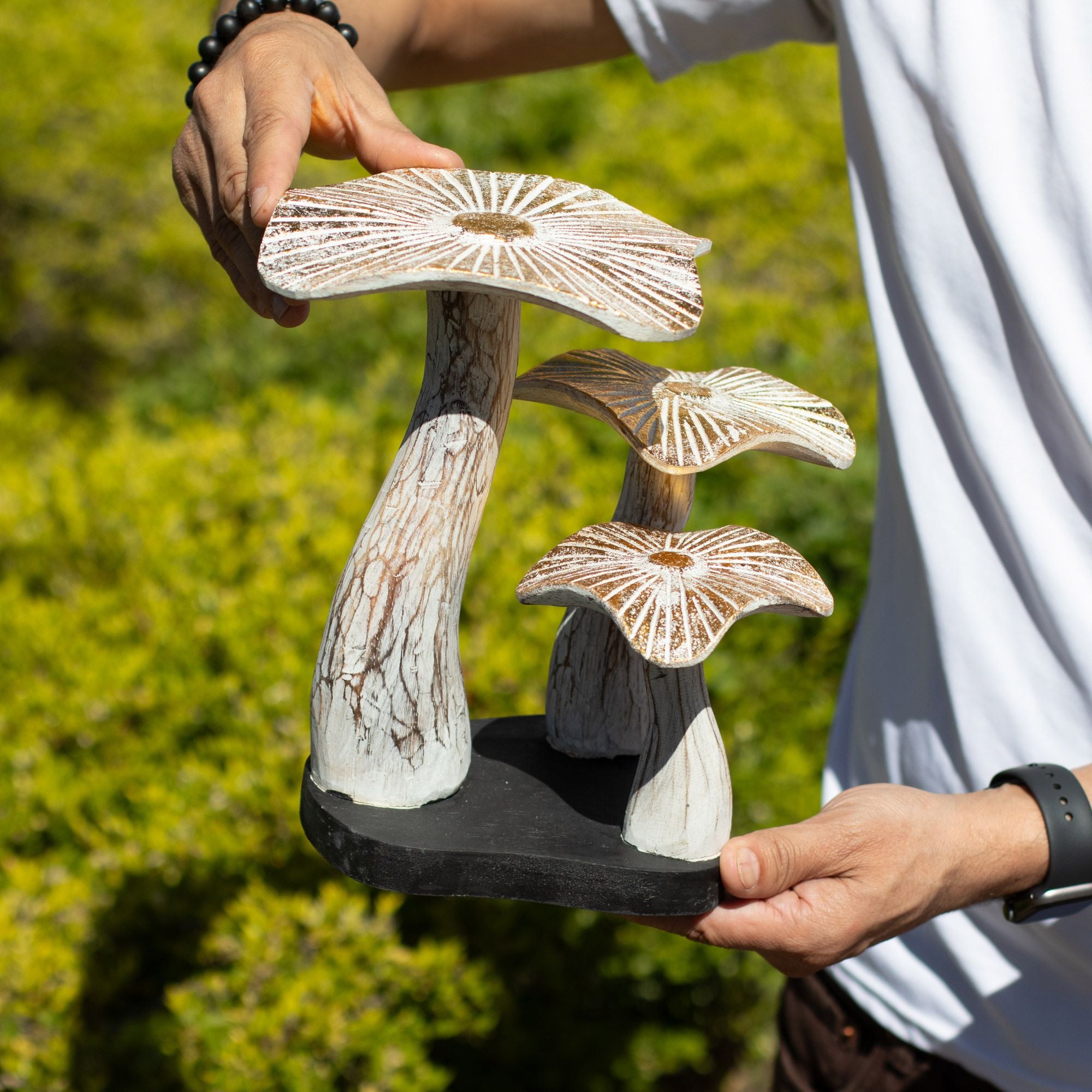 Medium Golden Mushroom Art 25cm Whitewash Wooden Decoration