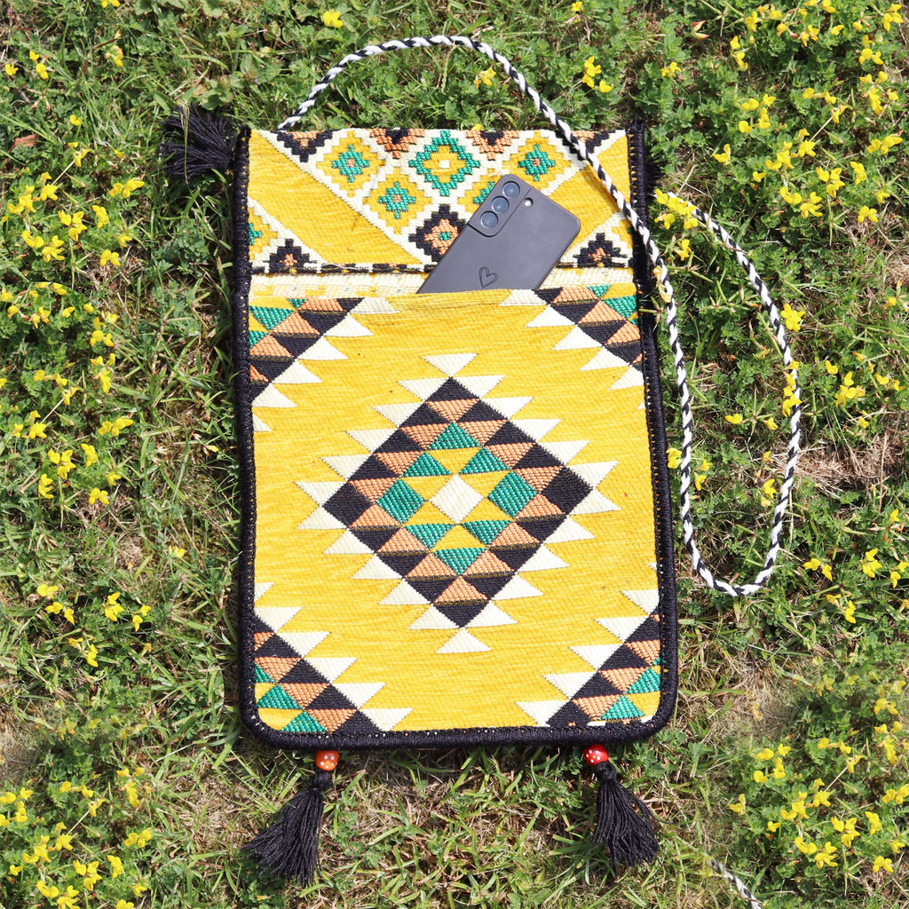 Yellow Kilim Messenger Festival Bag with Vibrant Patterns