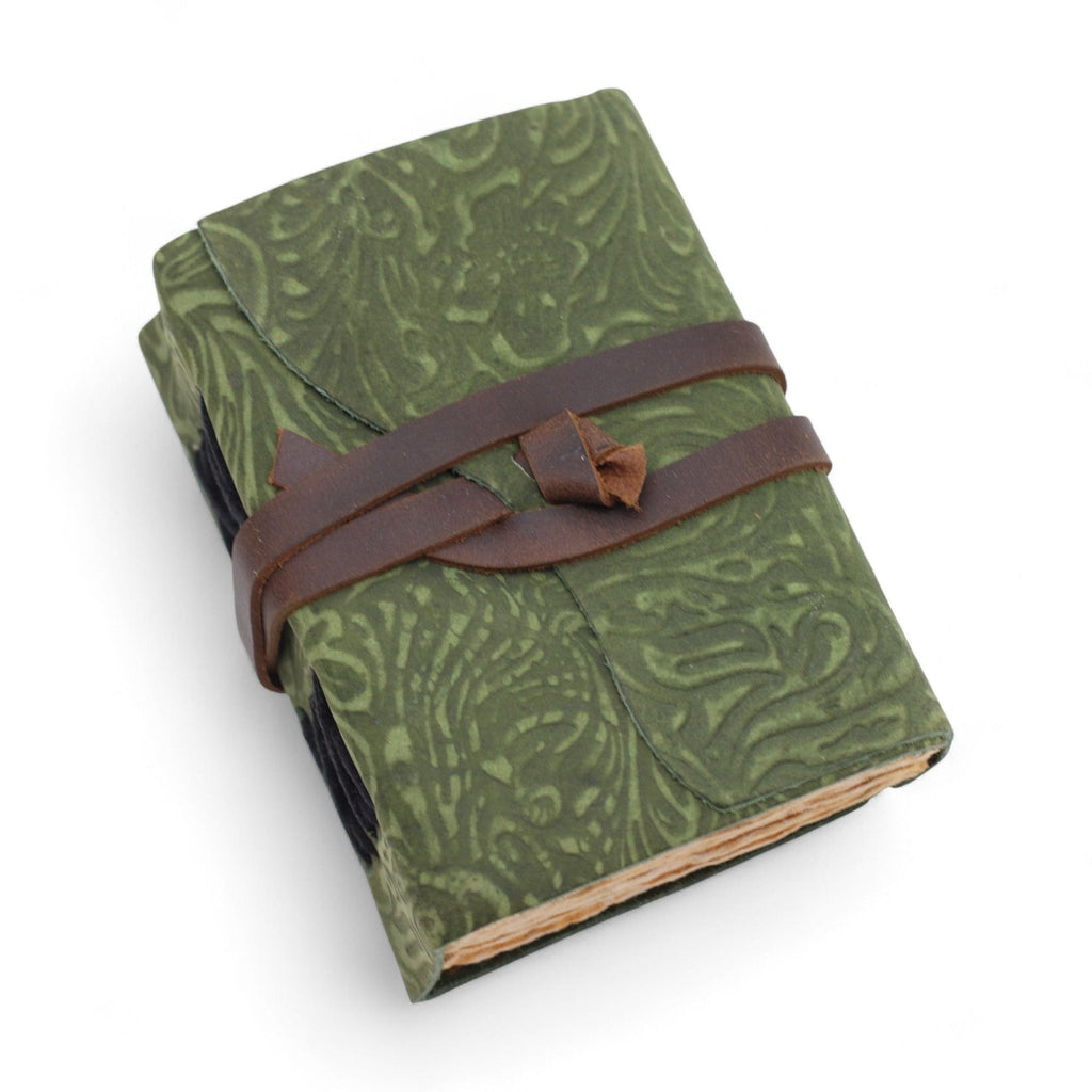 Fat Deckled Leather Notebook with Green Maze Pattern for Writing