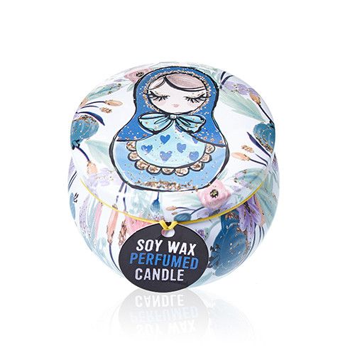 Art Tin Candle Russian Dolls Design in Dolly Blue for Home Decor
