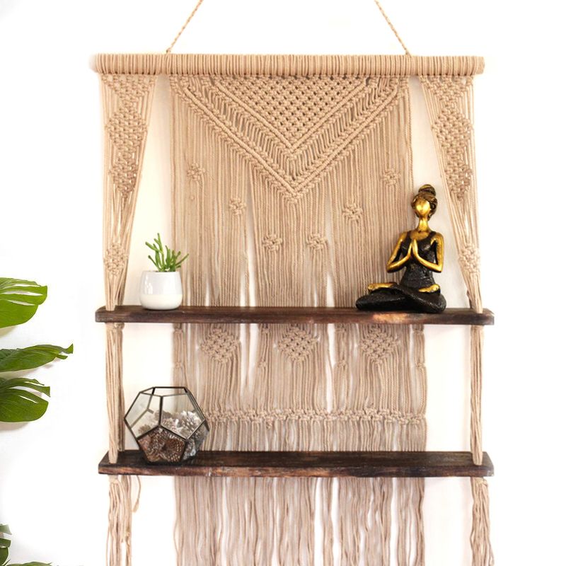 Brown Macrame Hanging Shelves for Boho Home Decor Display