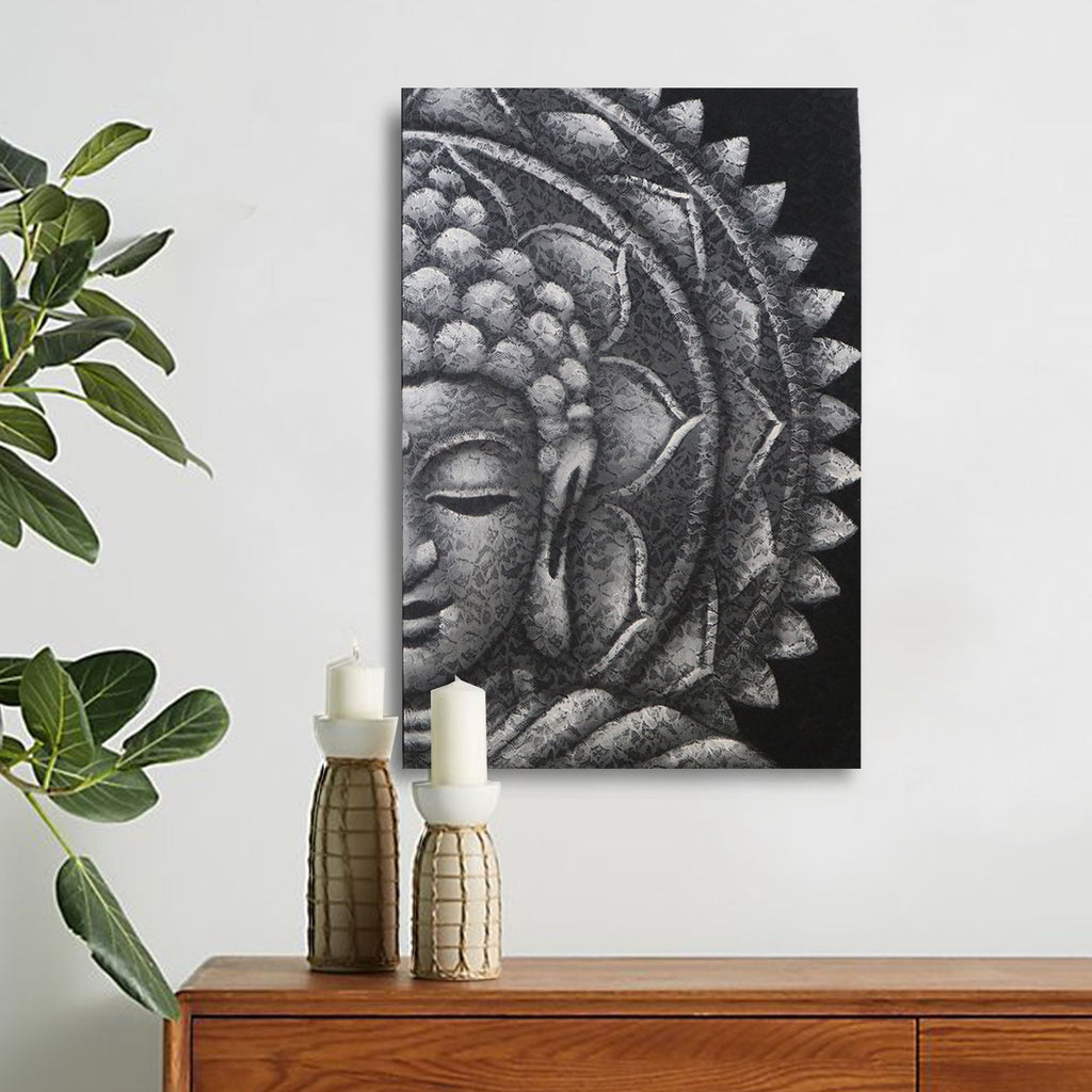 Grey Half Buddha Mandala Painting 60x80cm for Stylish Home Decor
