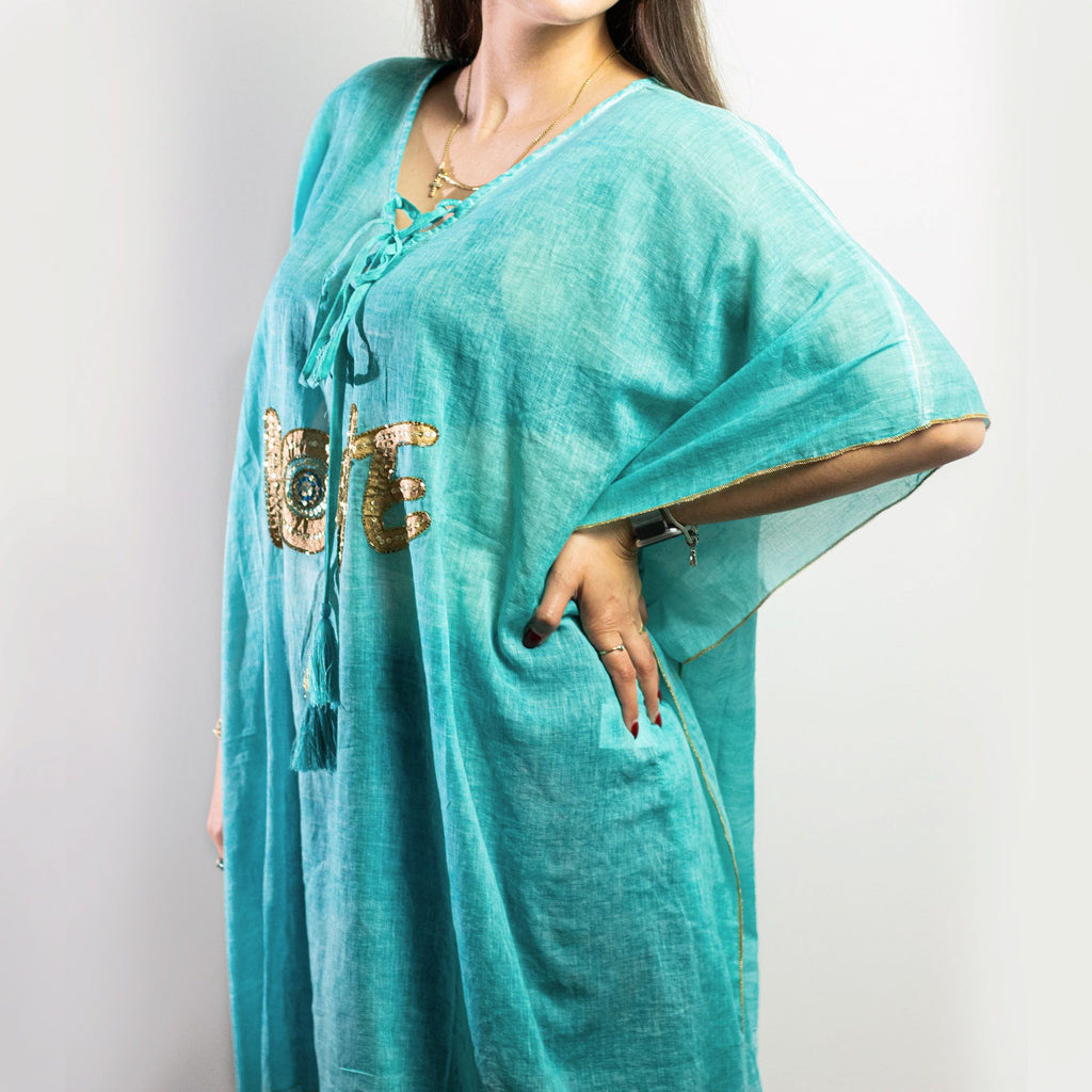 Nomad Sari Kaftan in Turquoise and Gold with LOVE Motif Design