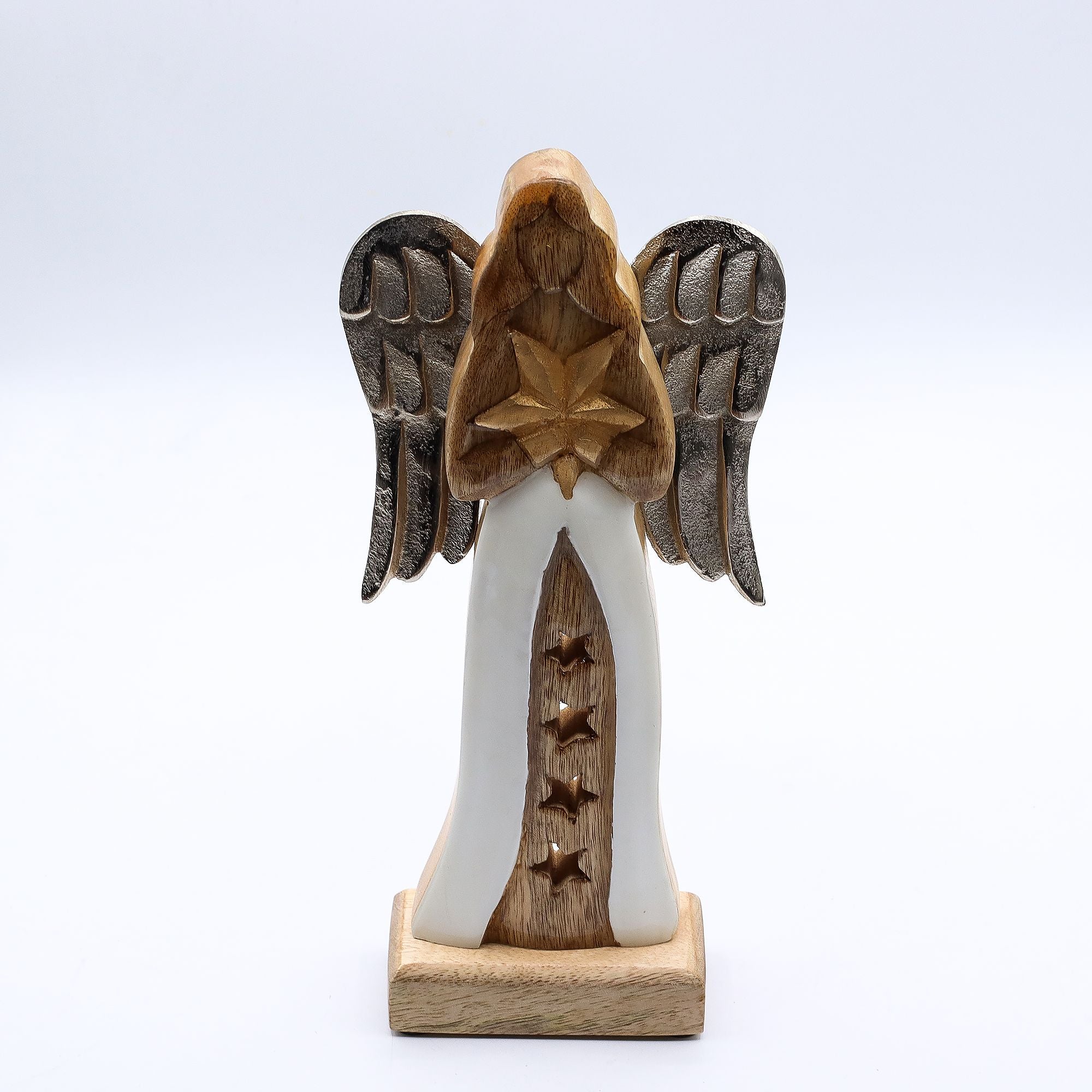 Large Mango Wood Star Angel with Metal Wings and Enamel Detail